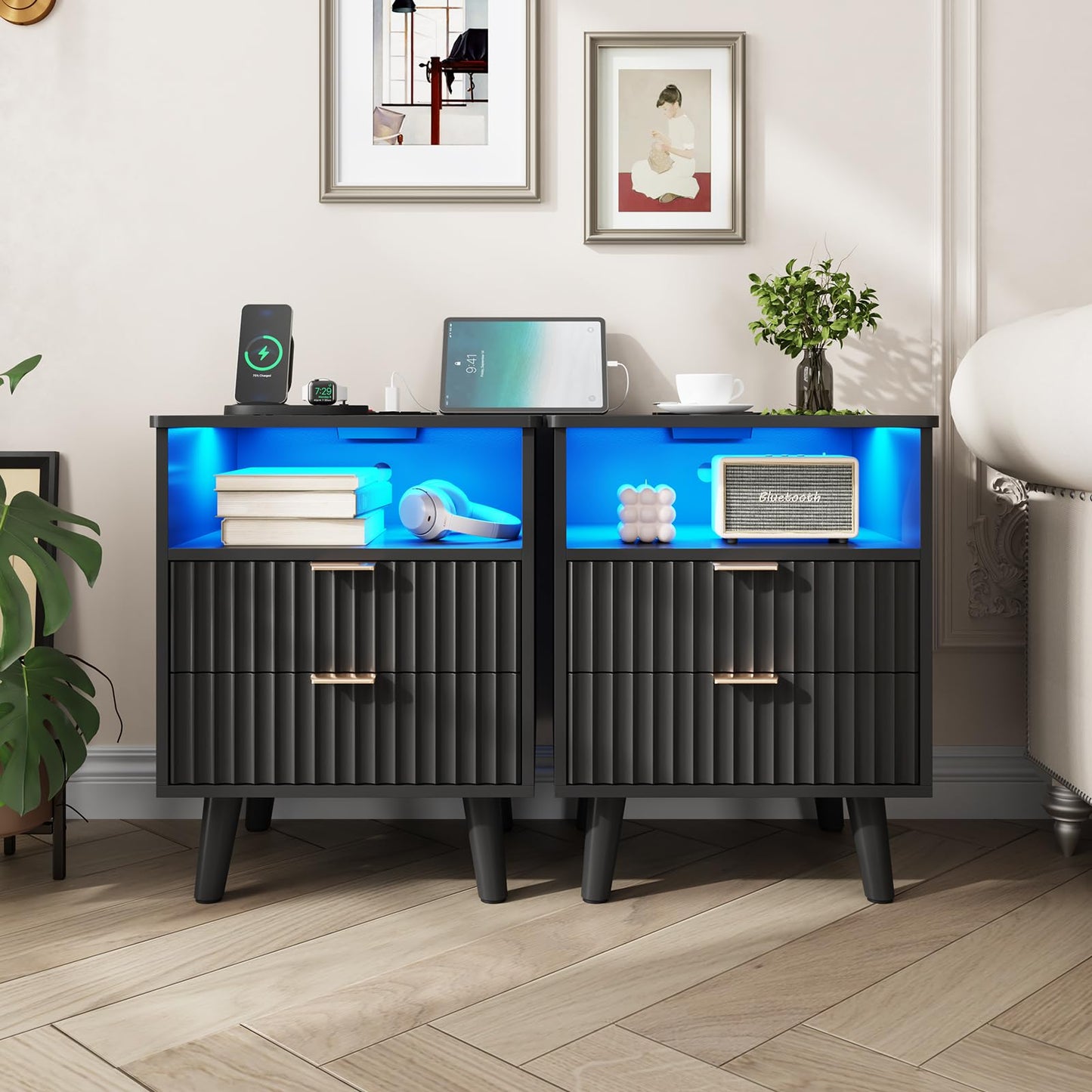 AOGLLATI Fluted Nightstand Set of 2 with Charging Station, Black LED Nightstand with 2 Drawers and Open Storage Cubby, Modern Bedside Table with LED Lights & Metal Handle for Bedroom
