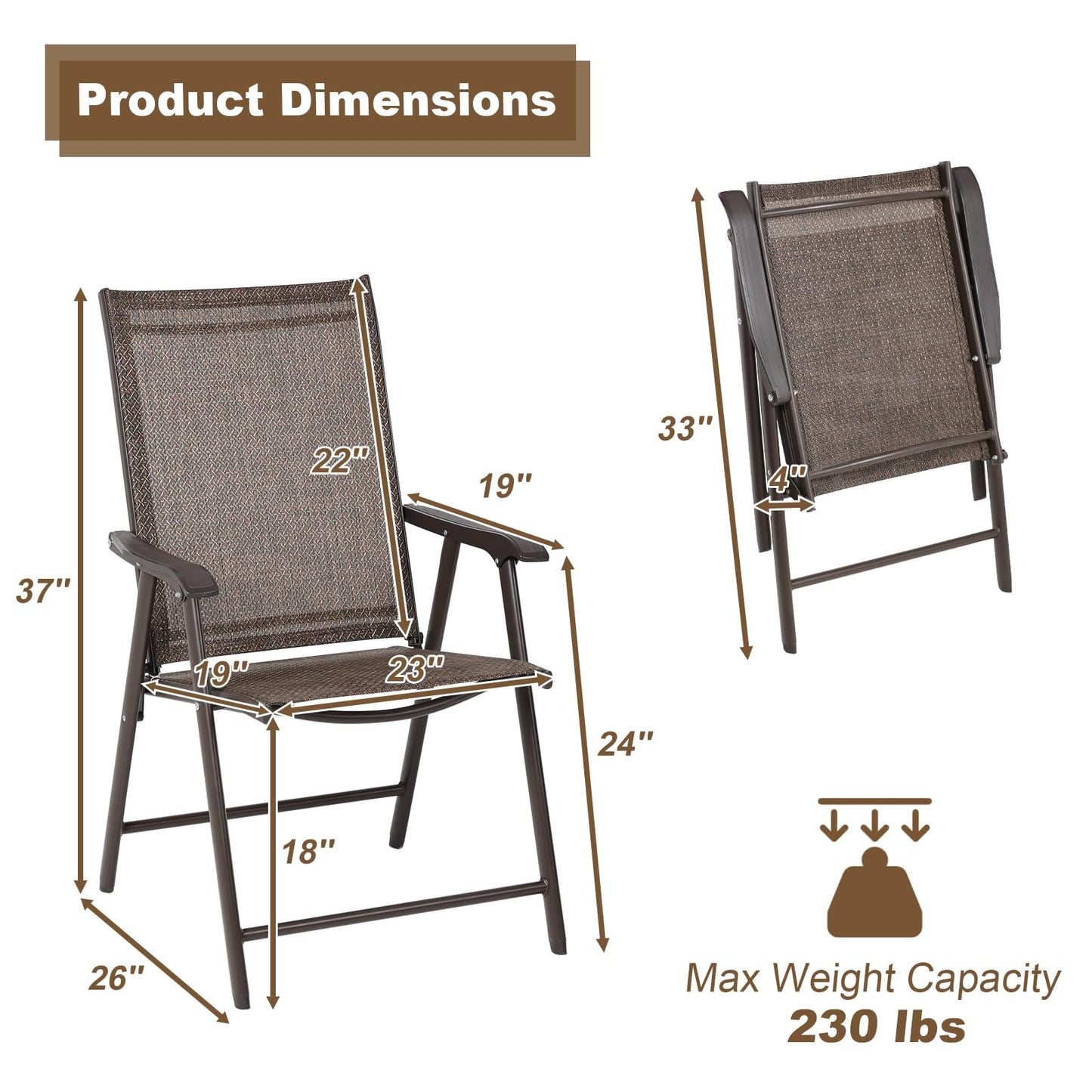 Aoodor Folding Patio Dining Chairs Textilene Fabric, Outdoor Steel Frame for All Weather Use, Fit for Porch, Lawn, Yard, Set of 4, Brown