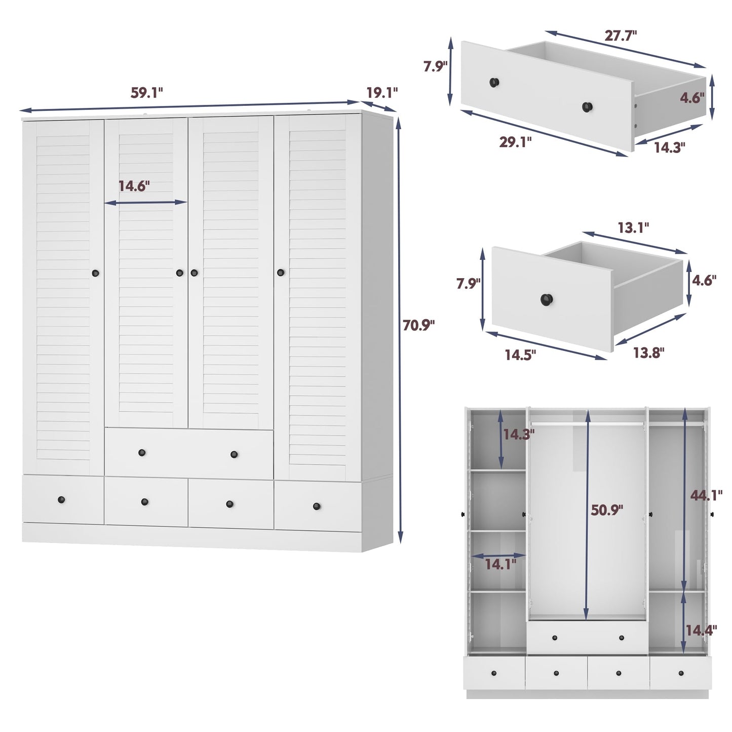MOUMON 4 Shutter Door Wardrobe with Shelves and Drawers, Armoire Wardrobe Closet with 2 Hanging Rods, for Bedroom White 59”W x 19”D x 70.9”H