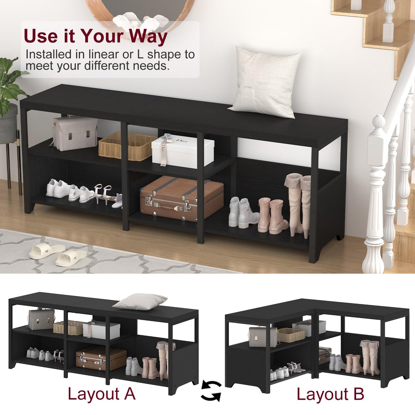HSH Black Bench, 57” Long Entryway Bench with Shoe Storage, Corner Convertible Storage Bench with Shelf for Foyer Entrance, Wooden Metal L Shaped Shoe Rack Benchs for Bedroom Living Room, Black Oak