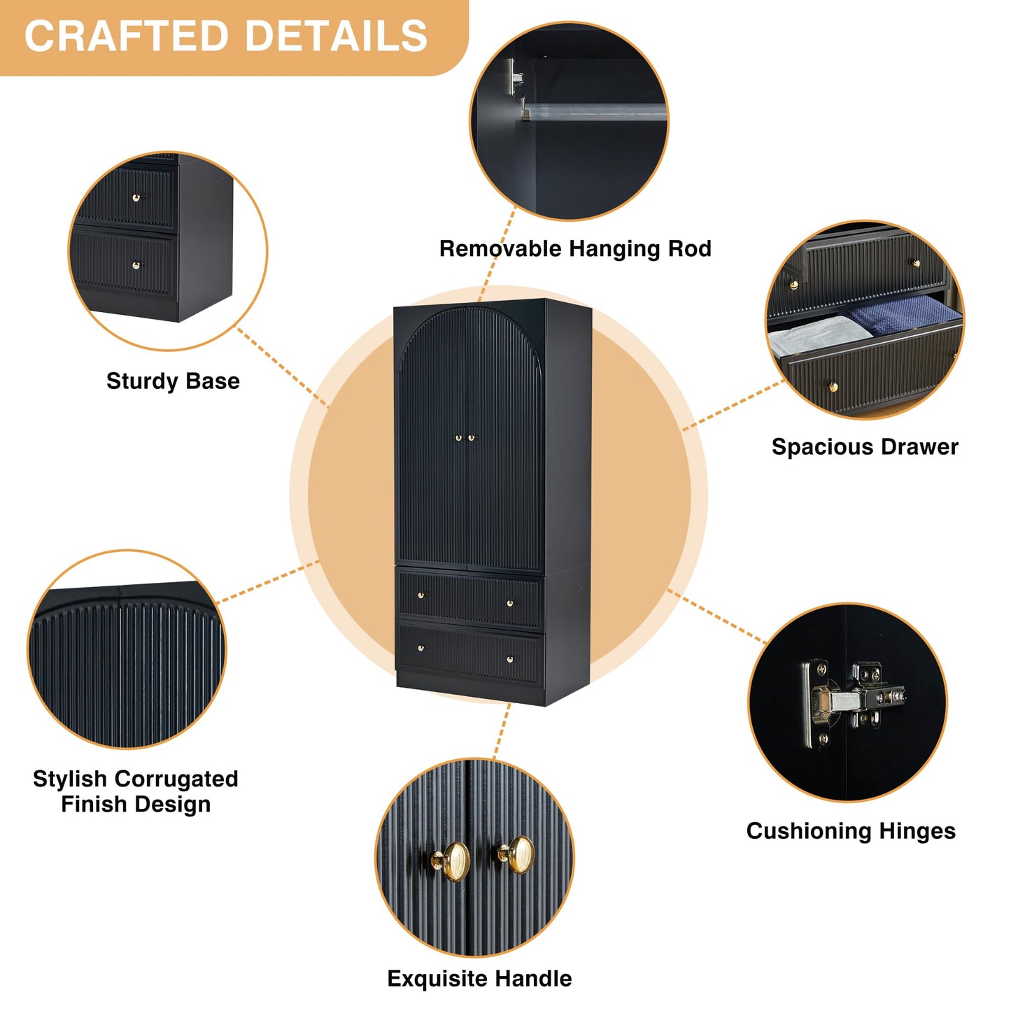 ORRD Black Freestanding Armoire Wardrobe Closet with 2 Doors and 2 Storage Drawers, Large Capacity Wardrobe Cabinet, Wooden Closet for Bedroom