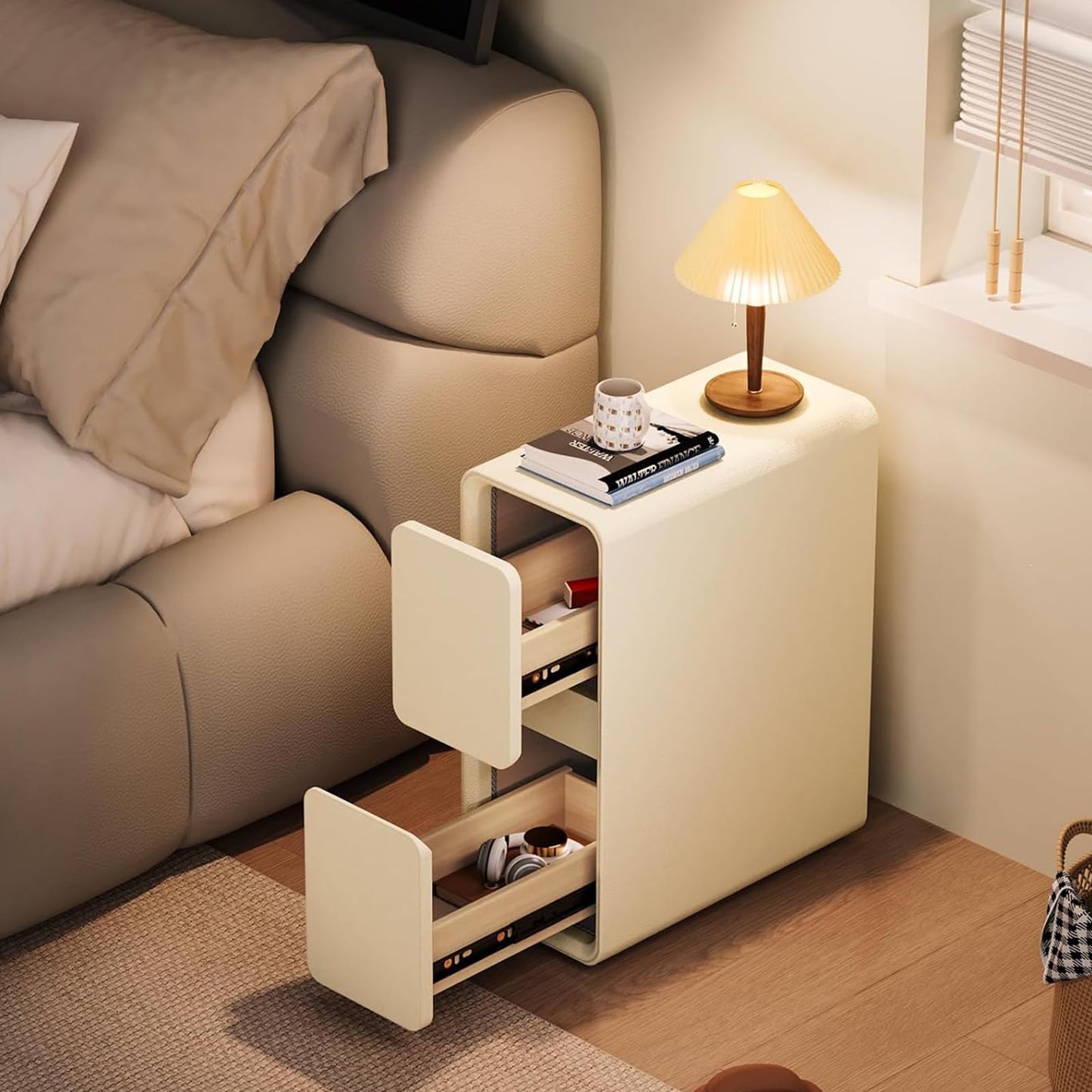 Narrow Nightstand with 2 Drawers, Wood Small Night Stand with Leather Surface for Bedroom, Small Side End Table, Modern Bedside Tables for Bedroom, White