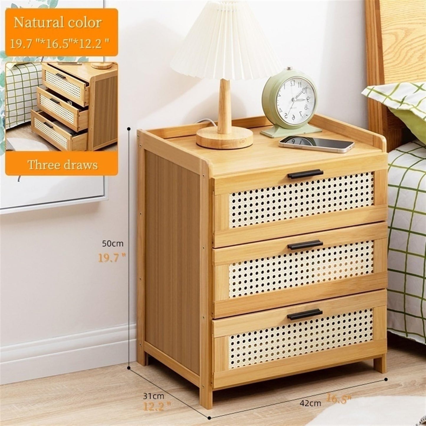 Boho Nightstand, End Table for Bedroom,Rattan Nightstand End Table,3Drawers Storage Ideal for Living Room and Small Space (Brown) ，Ideal Choice for Room(Brown)