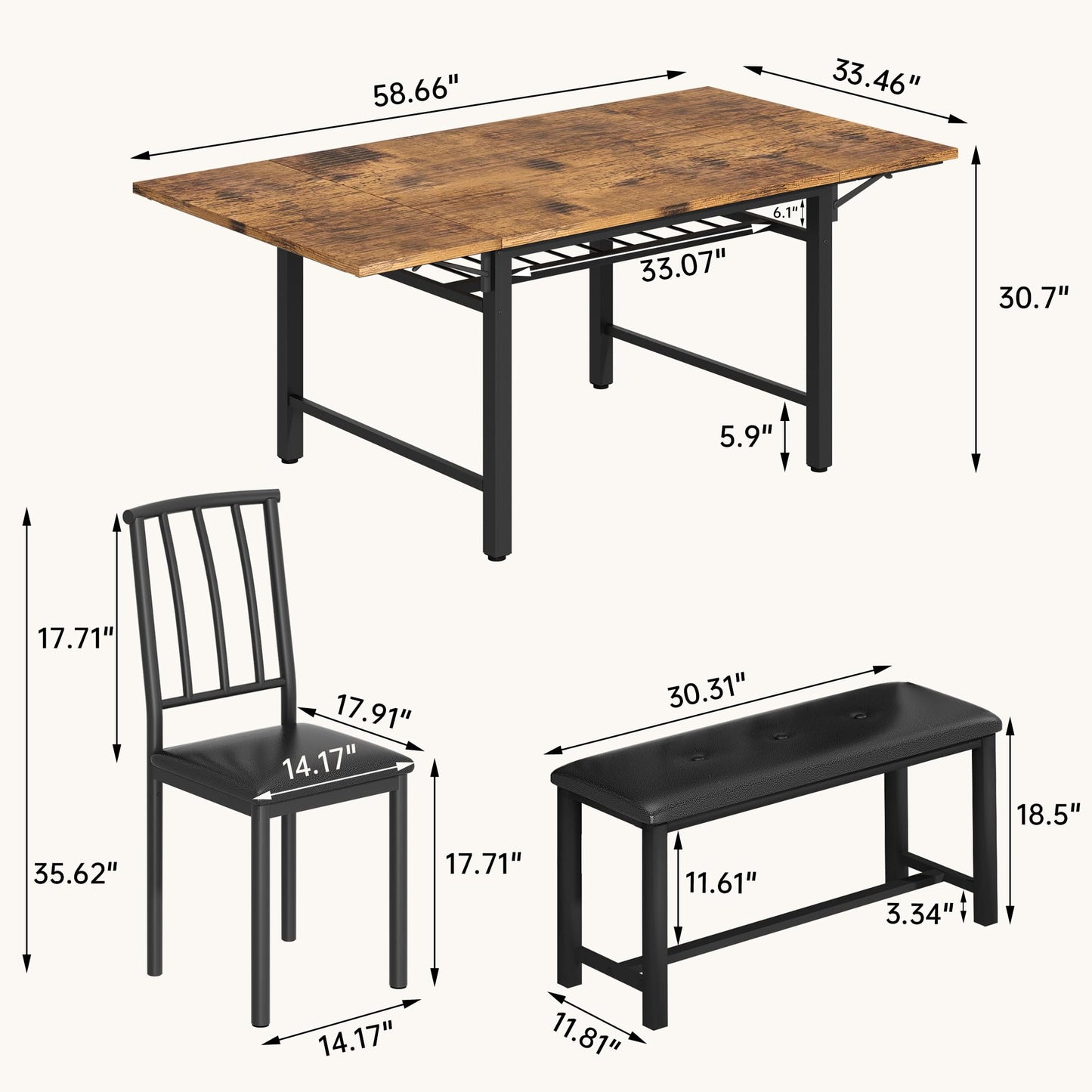 AWQM 4-Piece Faux Wood Drop Leaf Dining Table with Storage Rack, Space Saving Breakfast Nook Table Set with 2 Backrest Chairs and 1 Upholstered Bench, Kitchen Dining Table and Chairs Set for 2-4