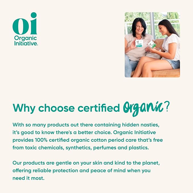 Oi | Organic Initiative - Ultra-Thin Pads with Wings | 100% Certified Organic Cotton, Unscented | Leak Free, Biodegradable | Non-GMO, Toxin Free (Super, 48, Count)