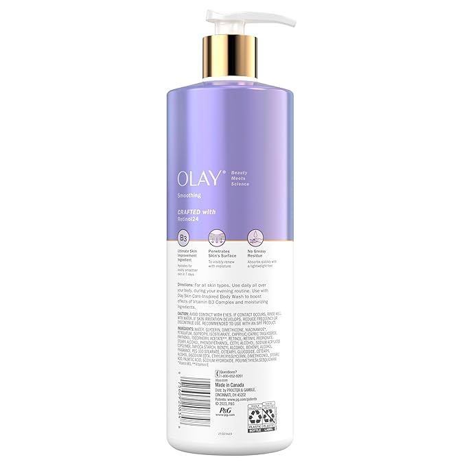 Olay Body Lotion for Women, Smoothing with Retinol Serum, Visibly Smoother Skin, 24hr Moisture & Hydration, Fast Absorbing Formula, Vitamin B3 Complex, For All Skin Types, 17 fl oz