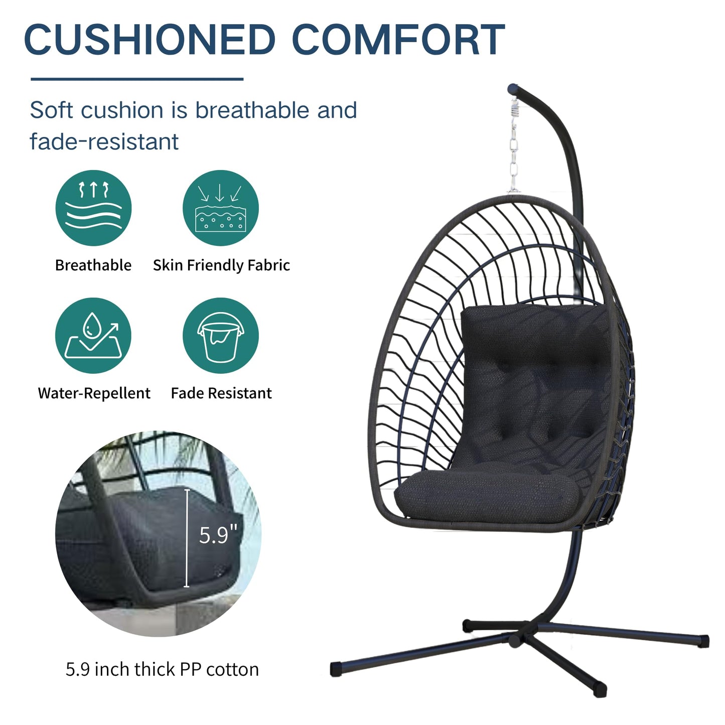 Kingdura Hanging Egg Chair with Stand Indoor Outdoor, Foldable Rattan Wicker Hammock Egg Swing Chair for Bedroom Porch Patio Garden, Thickened Cushion, 350LBS Capacity, Heavy Duty Frame