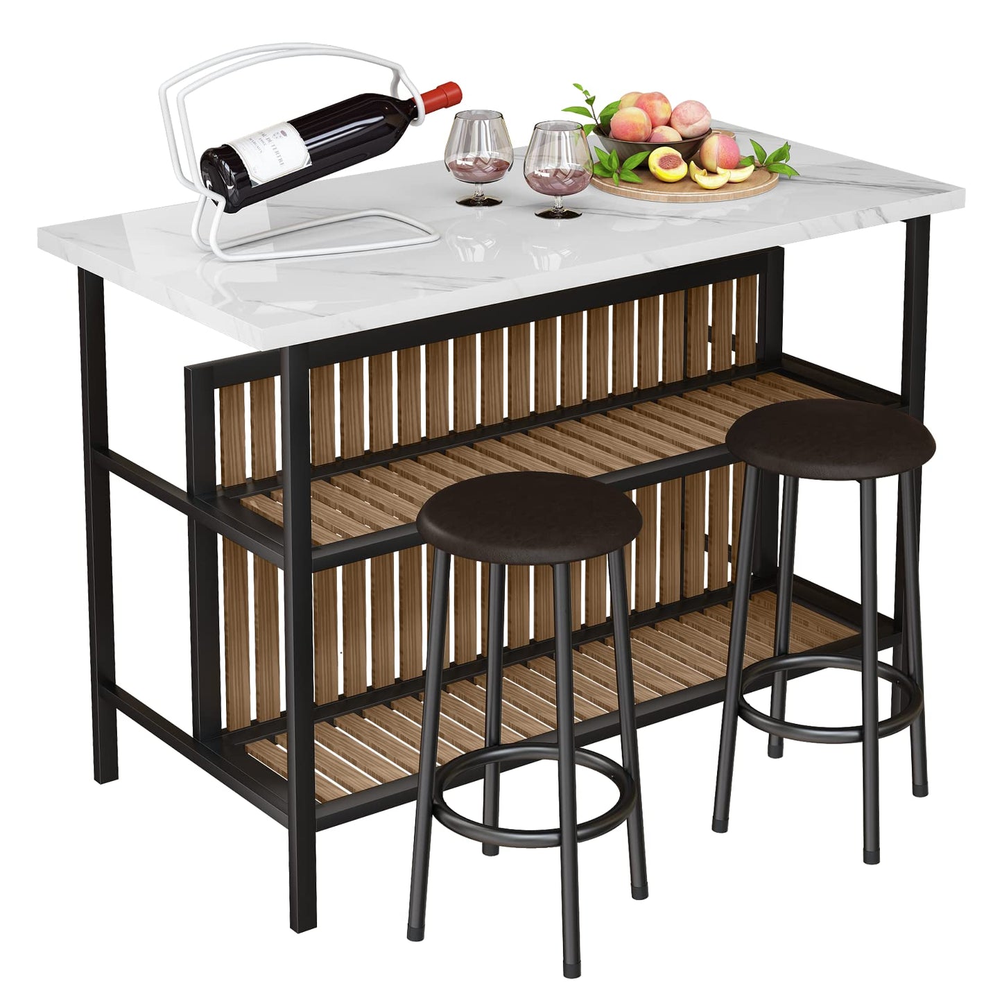 Lamerge 3 Piece Bar Table and Chairs Set, Industrial Bar Table Set with Storage Shelves,Marble Counter Height Table with 2 Bar Stools,Modern Pub Table Dining Room Table Set for Kitchen,White