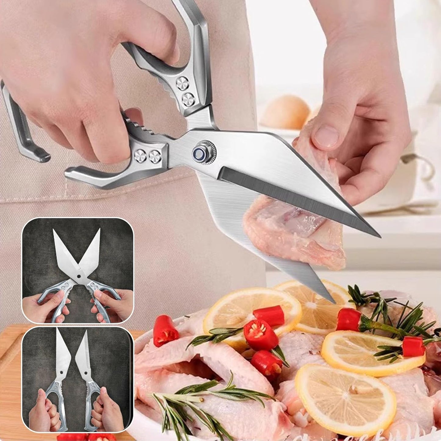 Multifunctional Heavy-Duty Kitchen Shears, Heavy Duty Kitchen Scissors for Food with Ergonomic Handle, High-Carbon Steel Culinary Shears for Chicken, Meat, Seafood, Bone Cutting (Sliver)