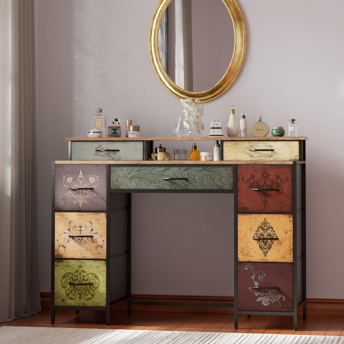 VASICAR Dresser for Bedroom with 9 Drawers & 2 Open Shelves, Fabric Storage Cabinet, Chest of Drawers, Long Dresser for Closet, Wooden Top & Metal Frame, Pattern