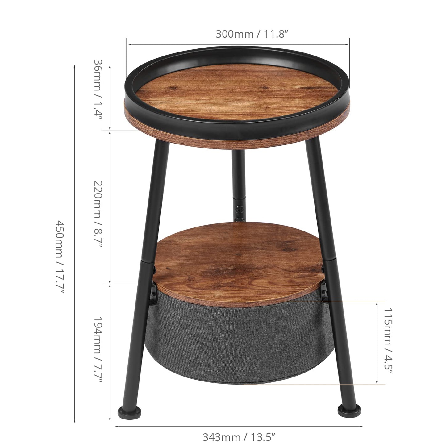 LEMONDA Small Round End Table, 2 Tier Round Side Table with Storage Basket,11.8”D*17.8”H Small Round Table,Sofa Side Table,Small Round Nightstand for Living Room Bedroom