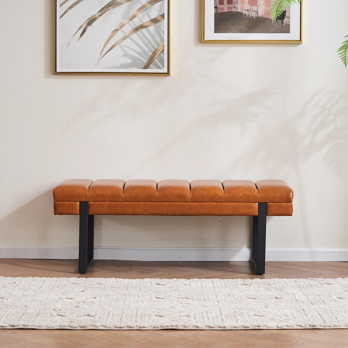 AIITTCC Faux Leather Ottoman Bench, Tufted Padded End of Bed Bench with Metal Legs, Upholstered Dining Table Bench Shoe Bench for Bedroom Living Room Entryway Window (Camel Brown, 46" Wide)