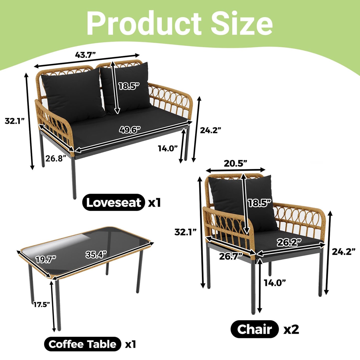 GarveeLife 4 Pieces Patio Furniture Sets Wicker Outdoor Patio Table and Chairs Set with Glass Side Table, Loveseat Chairs, Boho Rattan 4 Seater Conversation Sets for Backyard, Porch, Bistro, Black