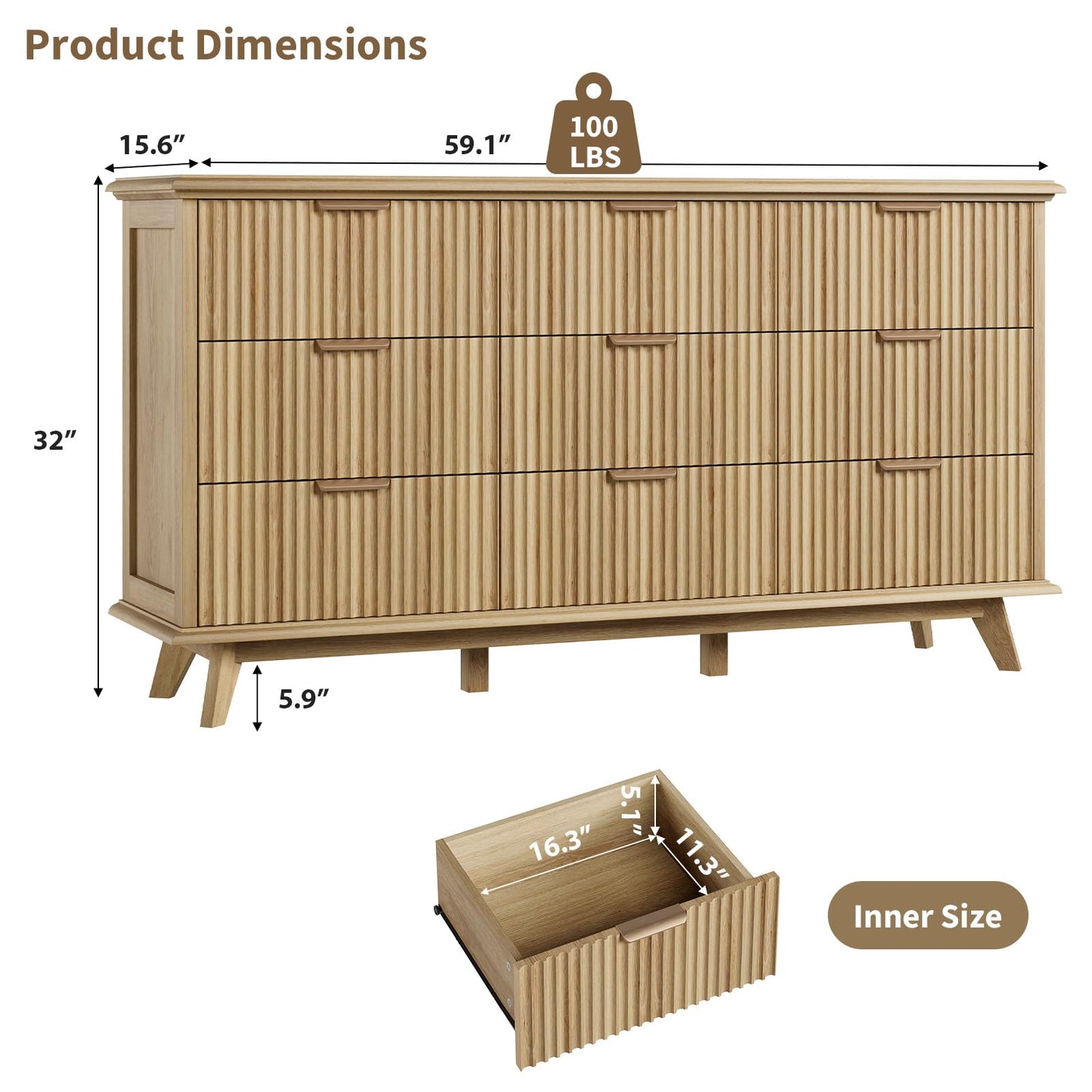 QUW Fluted 9 Drawers Dresser, 59.1" Wide Modern Chest of Drawers with Metal Handle, Large Dresser TV Stand, Wood Drawer Organizer for Bedroom, Living Room, Hallway, Dormitory, Natural Oak