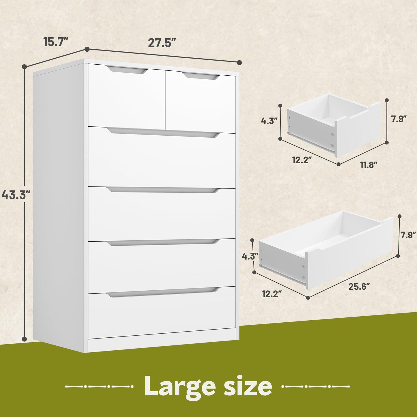 Romorgniz 6 Drawer Dresser for Bedroom Tall Chest of Drawers for Hallway, Closet,White,43.2" H X 27.6" W X15.6 D