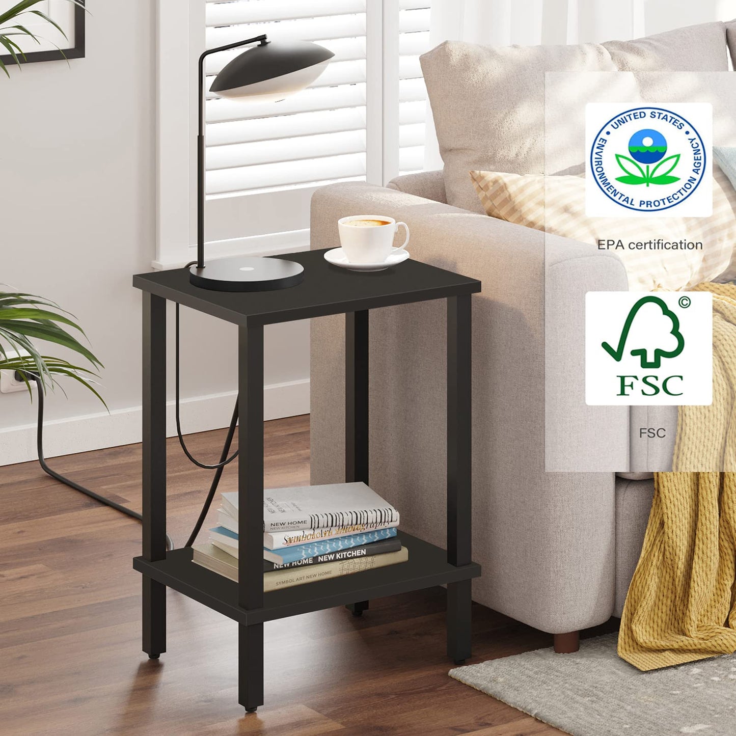 TUTOTAK End Table, Set of 2, Side Table, Nightstand, 2-Tier Storage Shelf, Sofa Table for Small Space, Living Room, Bed Room TB01BK035
