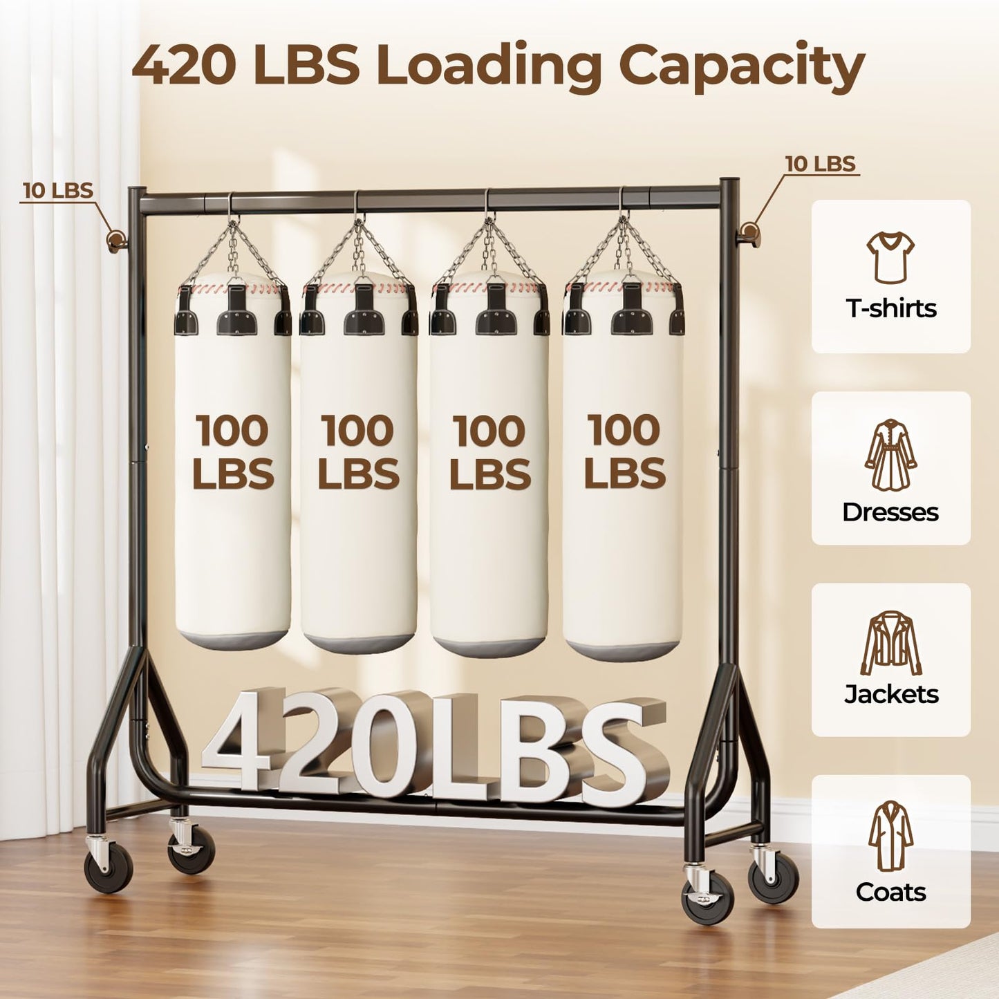 HYSEYY Clothes Clothing Rack, Rolling Heavy Duty Clothes Rack Load 420 LBS With Wheels, Metal Clothes Rack for Hanging Clothes, Portable Standing Clothes Garment Rack, Black,48 inches