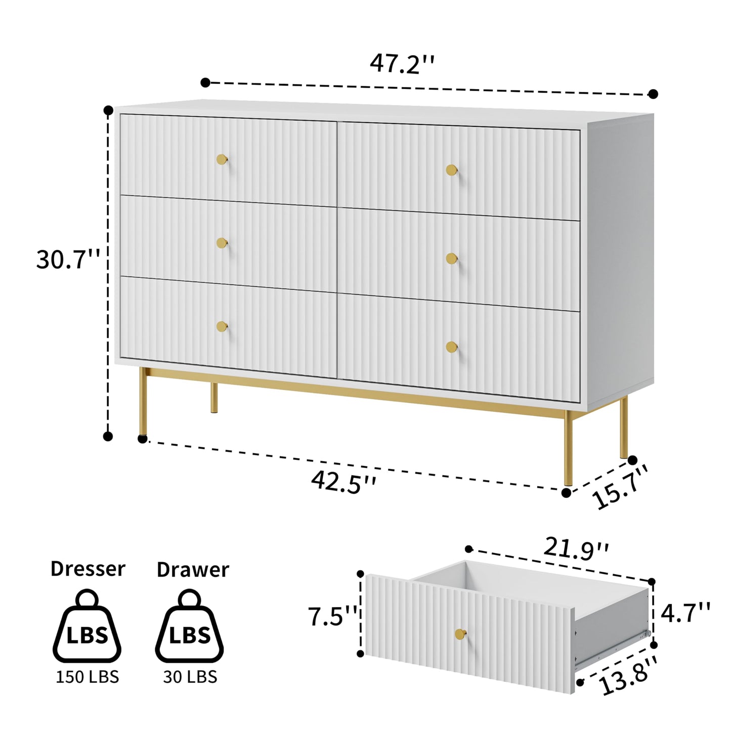 MAISONARIA 6 Drawer Double Dresser for Bedroom, White Dresser with Gold Handles, White 6 Drawer with Fluted Panels for Bedroom