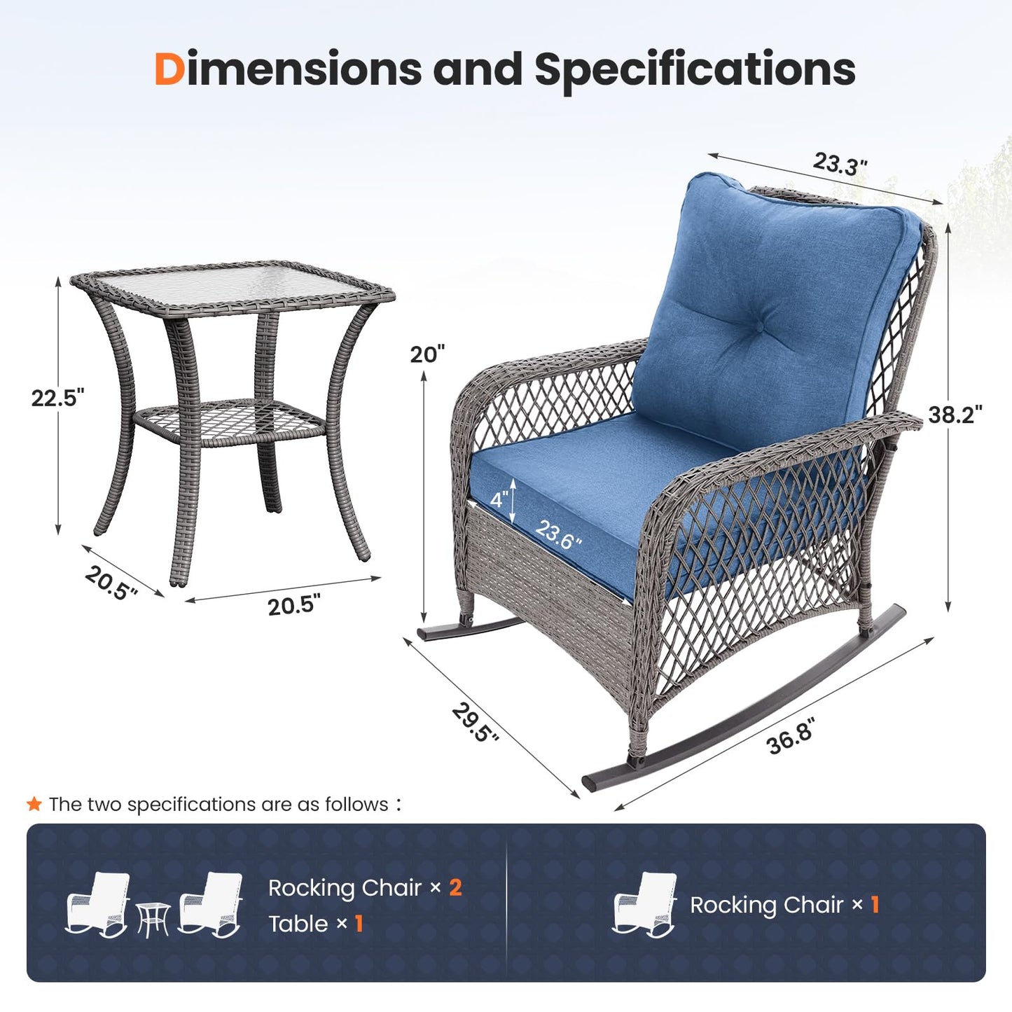 UDPATIO 3 Piece Patio Rocking Chair Set, Wicker Rocking Bistro Set with 2 Rockers and 1 Side Table with 4‘’ Thick Cushions for Backyard, Porch, Balcony, Poolside, Grey/Blue