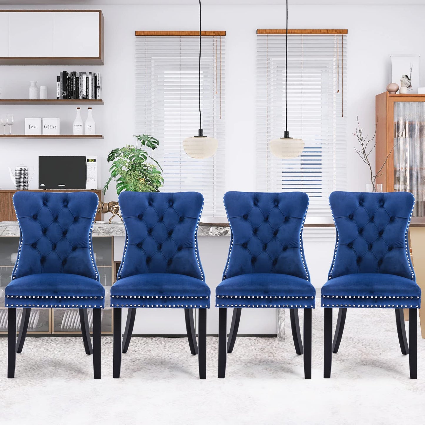 JETEAGO Velvet Dining Chair Set of 4, Upholstered Tufted Dining Room Chair with Nailhead Trim and Solid Wood Leg for Kitchen, Blue