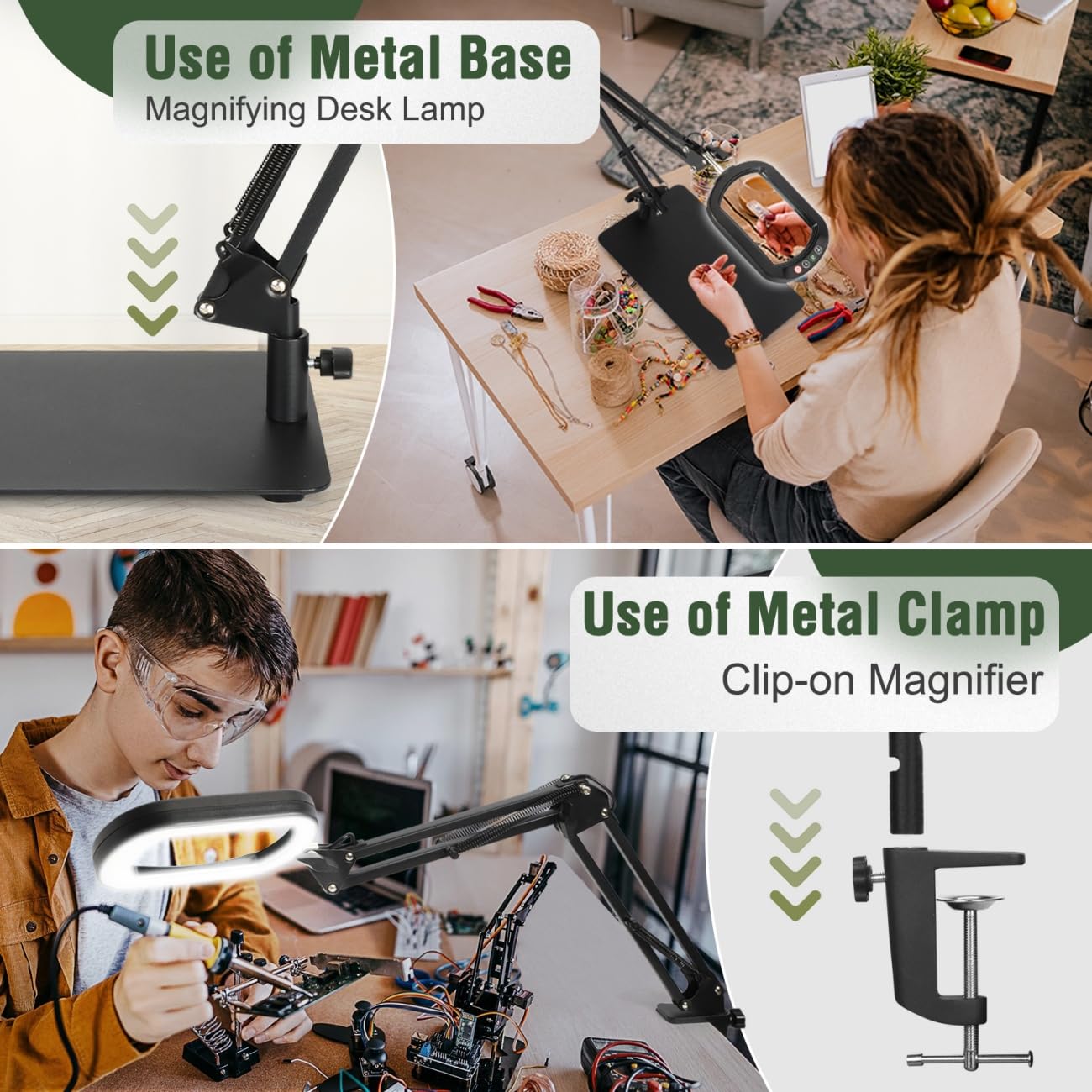 Veemagni 10X Rectangle Magnifying Glass with Light and Stand, 5 Color Modes Stepless Dimmable, 2-in-1 LED Lighted Desk Lamp & Clamp, Hands Free Magnifier for Reading Crafts Repair Painting Close Work