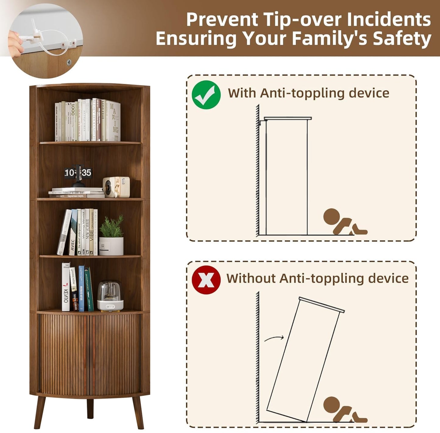Limaoaio Corner Cabinet, 66.73'' Tall Modern Corner Bathroom Storage Cabinet with 2 Fluted Doors and Shelves, Home Space Saver for Kitchen, Living Room, Study Room(Walnut, 66.73''H)