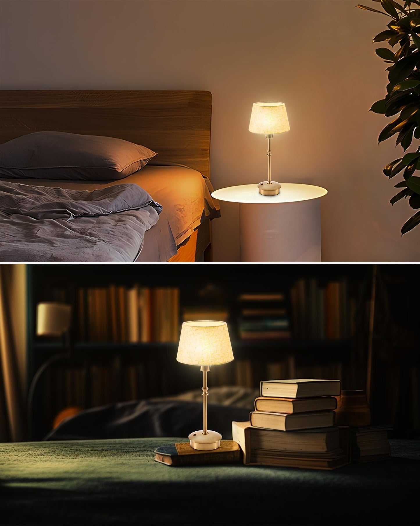 UMEXUS Cordless Lamp Rechargeable Table Lamps, 5000mAh Battery Operated Lights, 3 Level Brightness Dimmable, Portable Night Bedside Light for Patio, Restaurant, Dining, Fabric Shade, Antique Brass