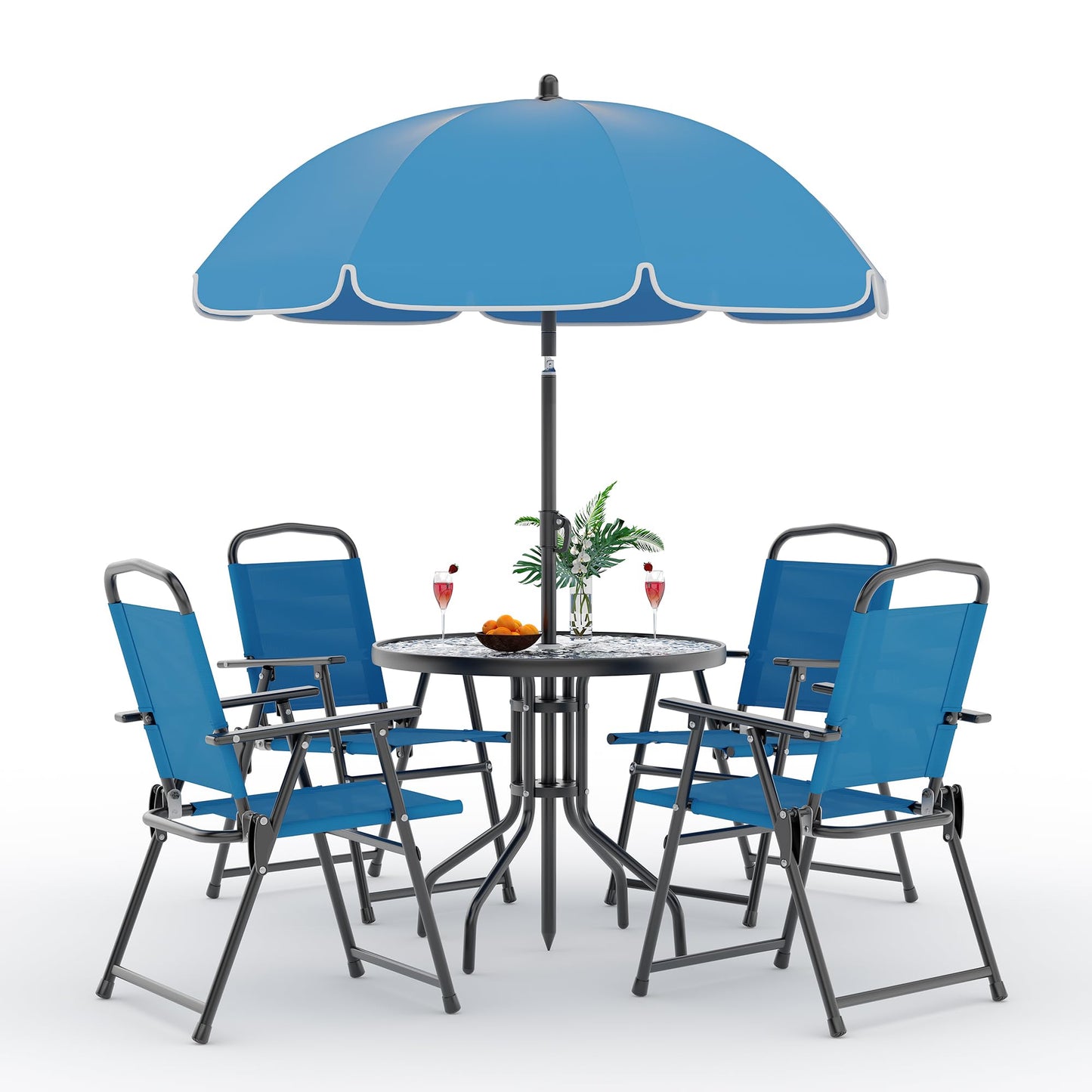 Patio Dining Set for 4 With Umbrella, Outdoor Furniture Set With 4 Folding Dining Chairs, Outdoor Table Umbrella Set With Tempered Glass Top Dinings Table