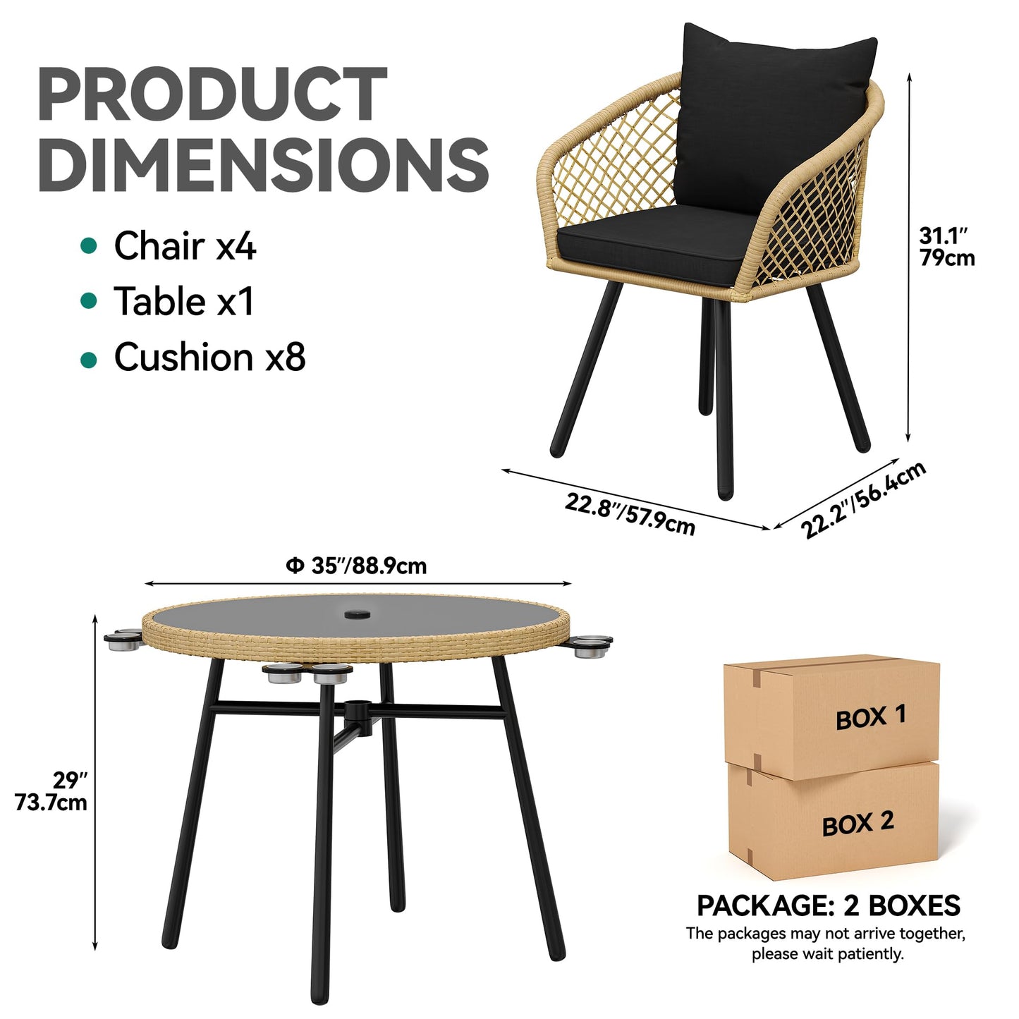 YITAHOME 5 Piece Outdoor Dining Set w/Padded Cushions, Round Patio Table and Chairs with 4 Rattan Chairs, Glass Top Dining Table & Cup Holders for Patio, Backyard, Garden, Porch, Light Brown & Black