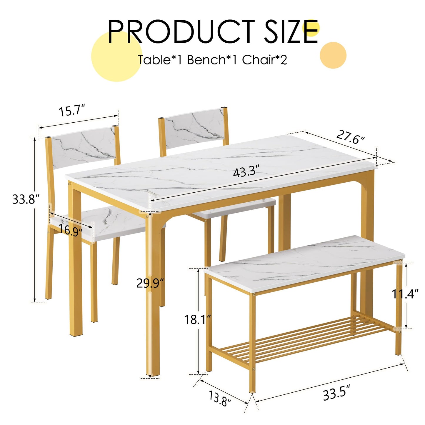 soges 4-Piece Dining Table Set with Bench - 4 Person Kitchen Table and 2 Chairs for Small Spaces, Apartment - Metal Frame & Woodgrain Tabletop, Space-Saving Design, Durable & Easy to Clean, Gold