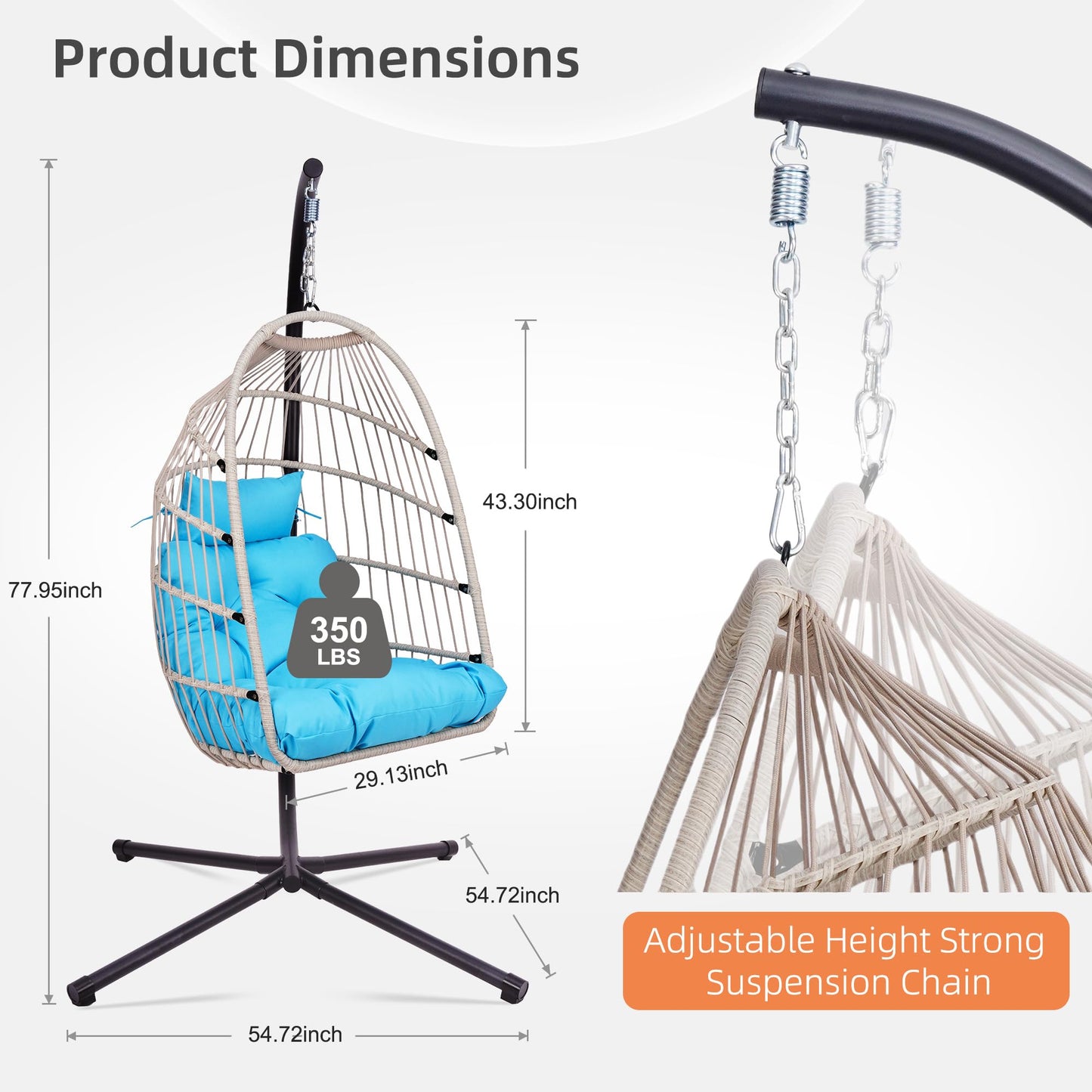Foldable Hanging Egg Chair with Stand, HDPE Rattan and Heavy Duty Aluminum-Steel Frame, Outdoor Patio Wicker Swing Egg Chair with Headrest and Cushioned, 350 Lbs Capacity (Blue)