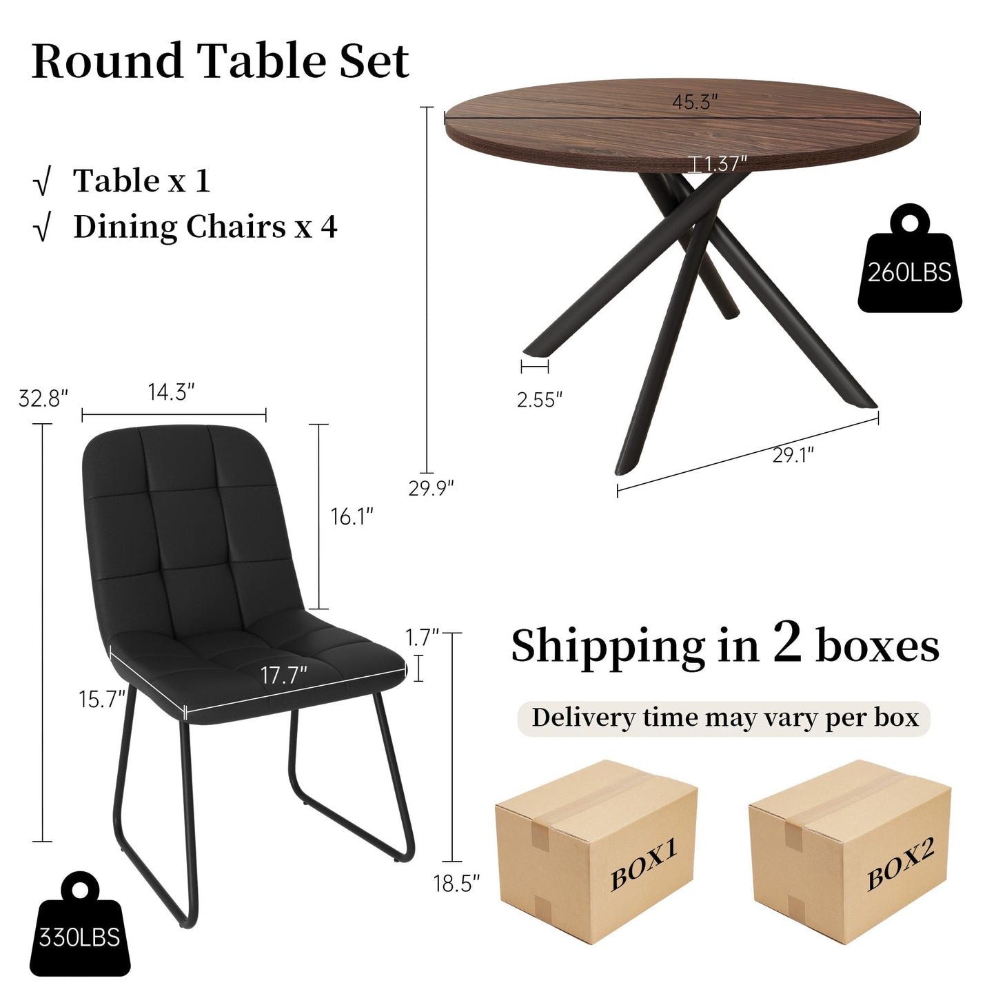 HIPIHOM 45.3 Inch Round Dining Table Set for 4, Mid Century Modern Small Coffee Set for Dining Room Kitchen Apartment (Walnut Table + 4 U-Shaped Black Chairs)
