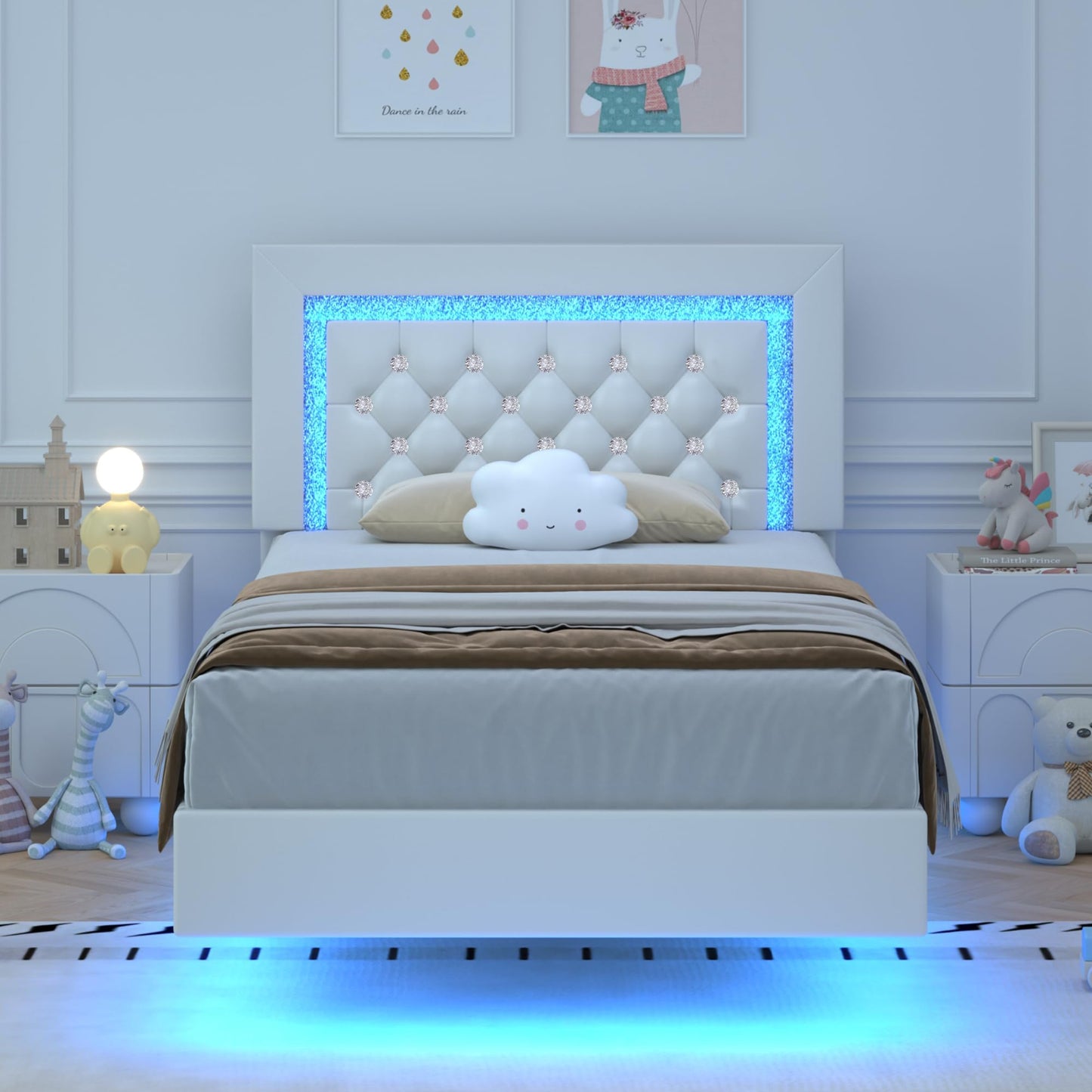 Floating Bed Frame Twin with LED Lights, Upholstered Platform Bed with Diamond Tufted Headboard, No Box Spring Needed, Noise Free, Easy Assembly, White