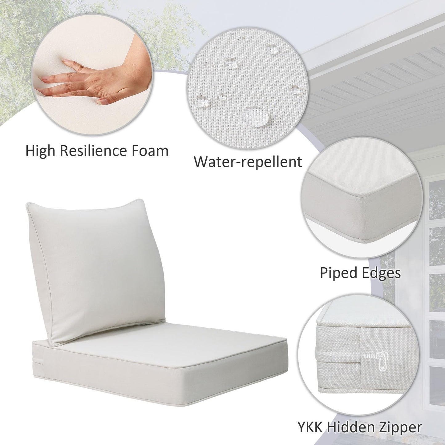 Unimatta Outdoor Patio Chair Cushions Set, 24" x 24", Set of 2, Water-Repellent, Fade Resistant, Deep Seat Bottom and Back Cushion for Backyard, Couch, Sofa and Patio Furniture, Linen