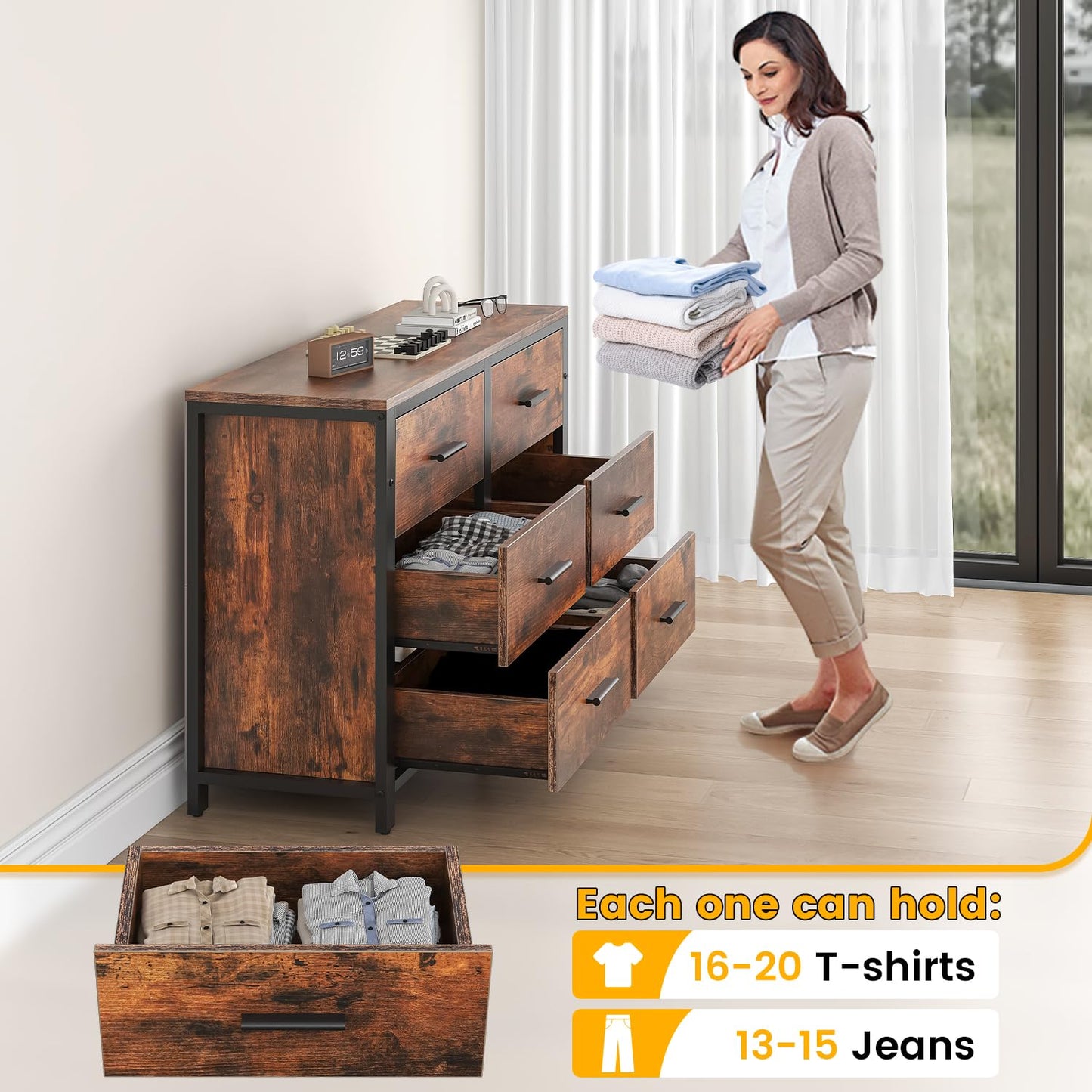 Frmobepts Rustic Brown Dresser for Bedroom, Wide Wood Dressers Furniture with 6 Wooden Drawer and Metal Frame, TV Stand with Deep Drawer (Rustic Brown)