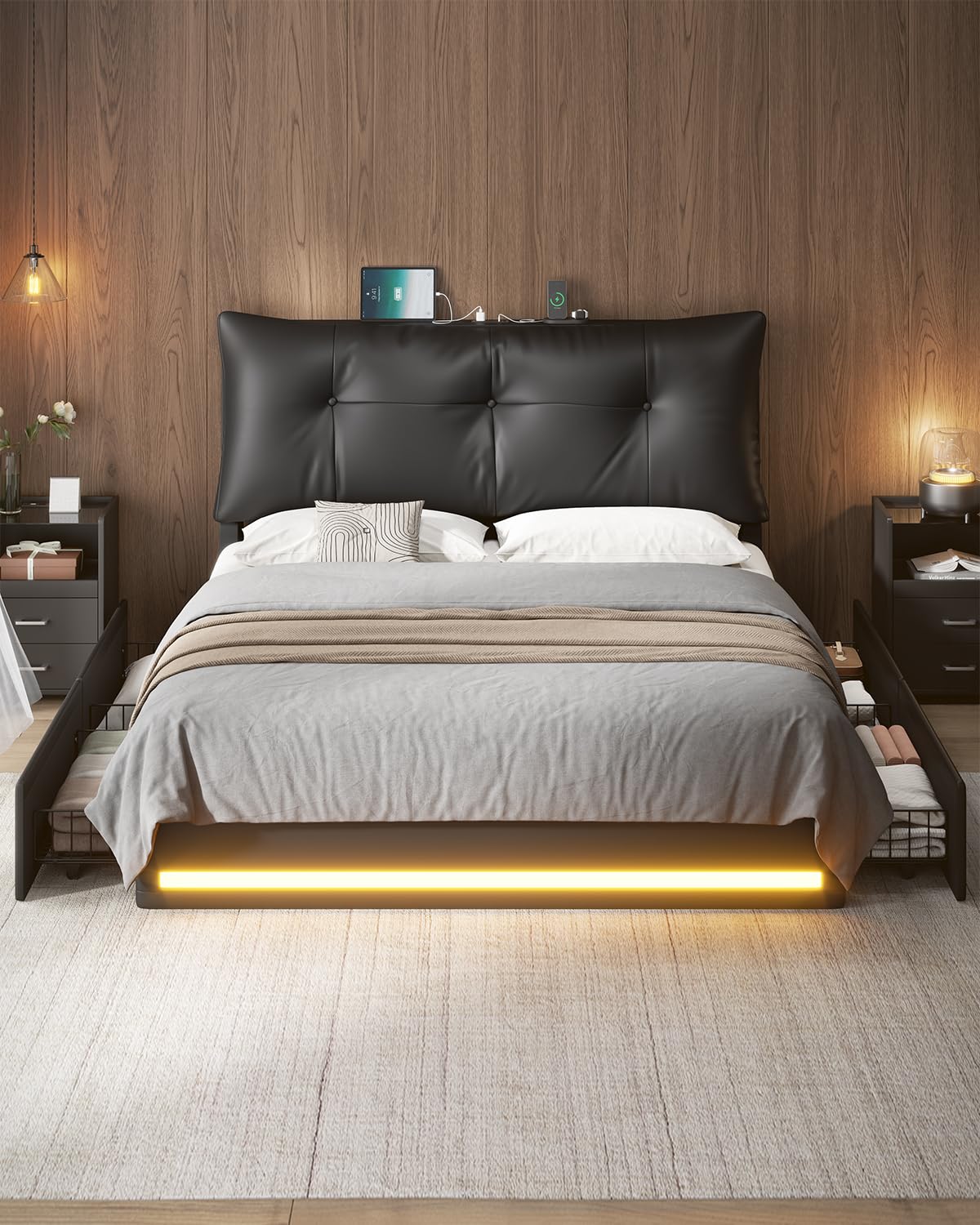 AOGLLATI Upholstered Queen Bed Frame with RemovableThick Backrest Headboard, Led Bed Frame Queen Size with 4 Storage Drawers and Charging Station, No Spring Box Needed, Black