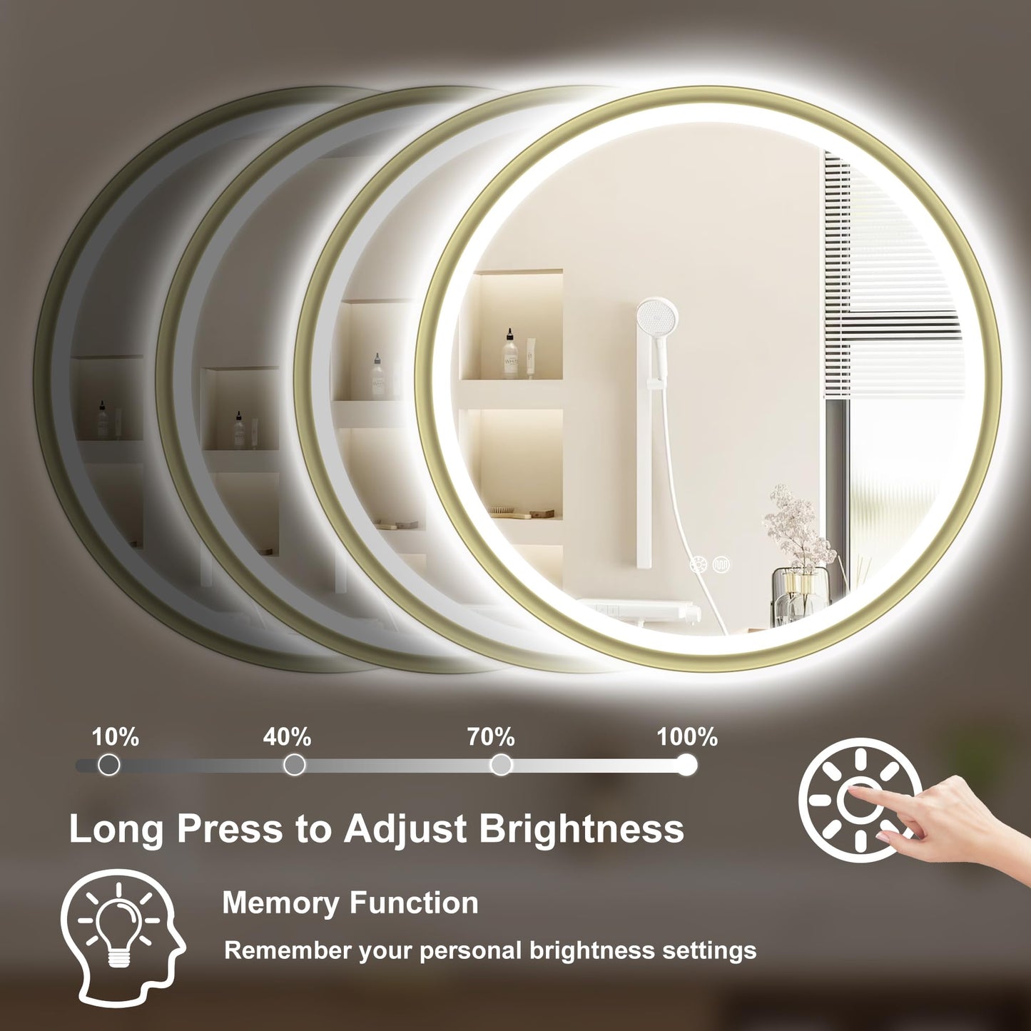 S'bagno 24'' Round Gold LED Mirror for Bathroom with Frontlit & Backlit, LED Vanity Mirror with Metal Frame, Anti-Fog, Stepless Dimmable, 3 Colors Temperature
