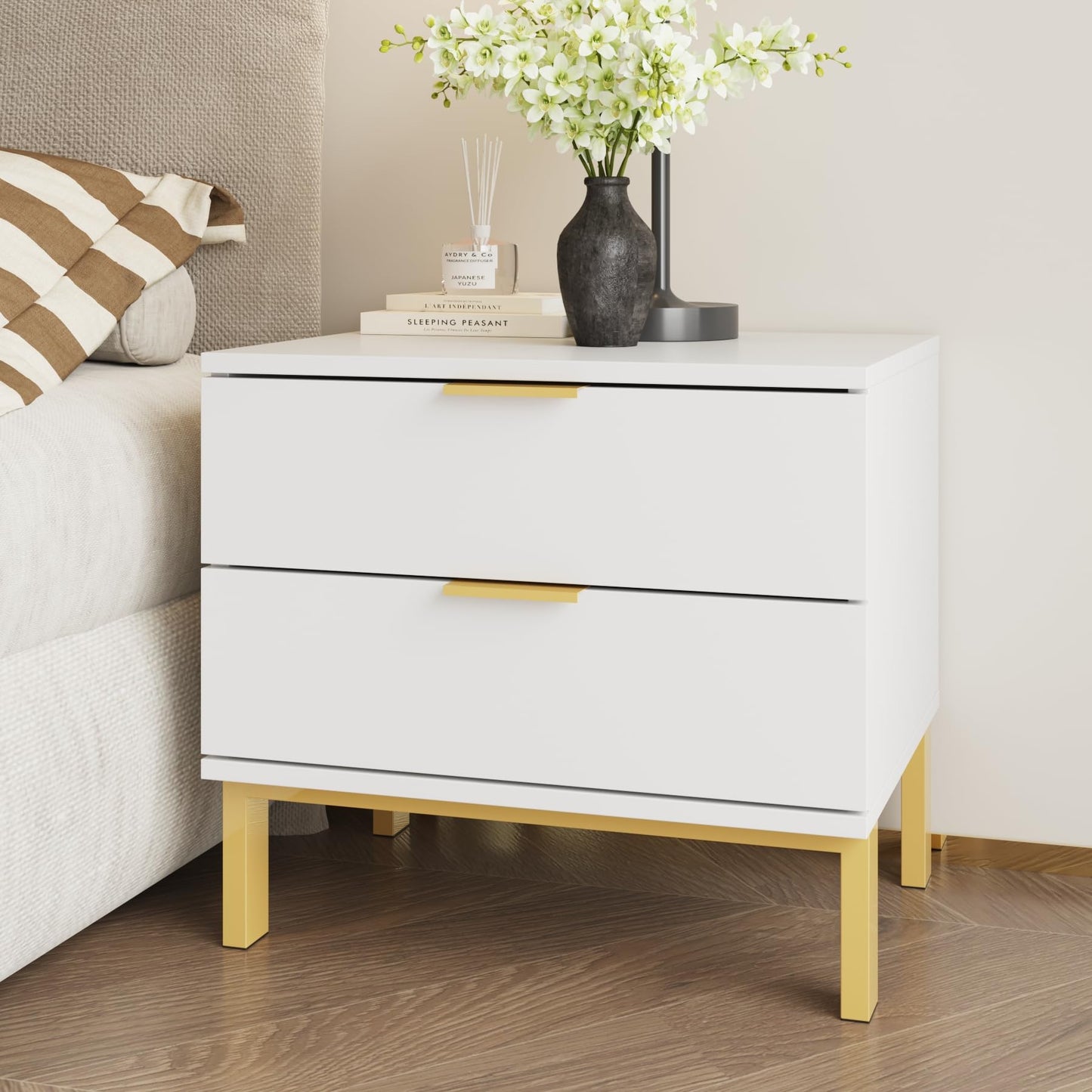 FUNISIR White Nightstand with 2 Drawers, Modern Night Stand Bedside Table with Drawers and Golden Legs, Narrow Bedroom End Table for Small Space, Living Room, 17.9" H