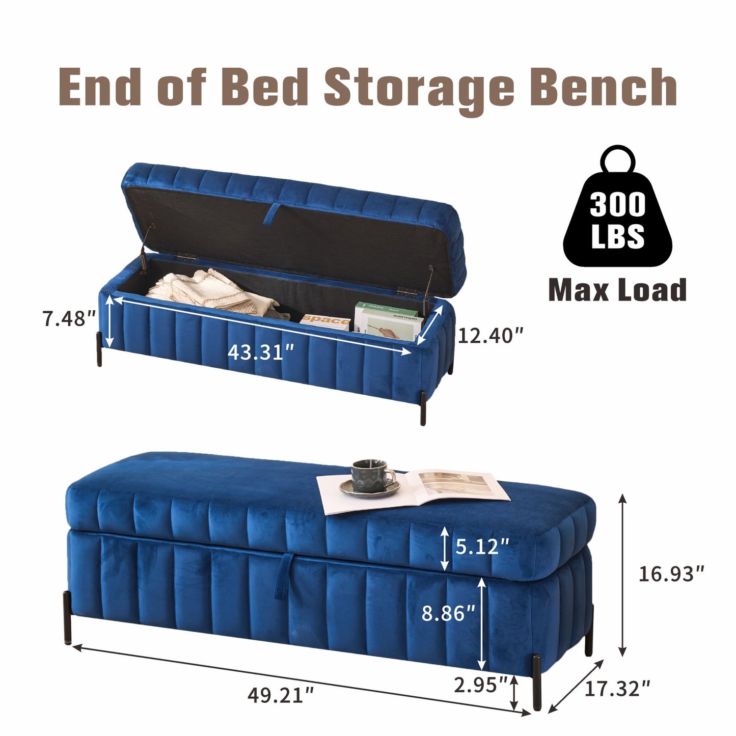 Sinzho & Wiyfun Upholstered 49.2" End of Bed Storage Bench Velvet Storage Ottoman Bench for Bedroom Entryway, Navy Blue