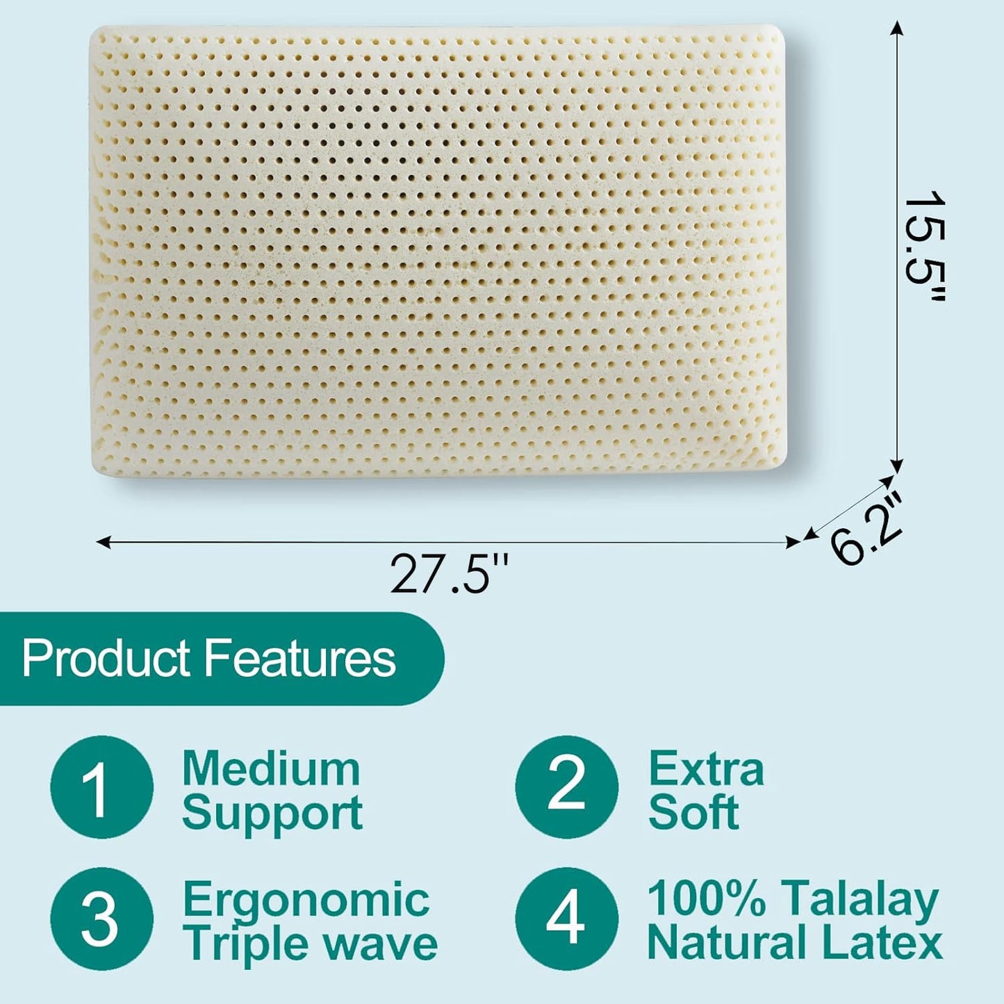 AWRFOHE Latex Pillow, 100% Talalay Natural Latex Pillow, Soft Sleeping Bed Pillows with Cotton Cover, Queen Size, Perfect for Side/Back Pain, Stomach, Neck, Stress Relief (Queen)