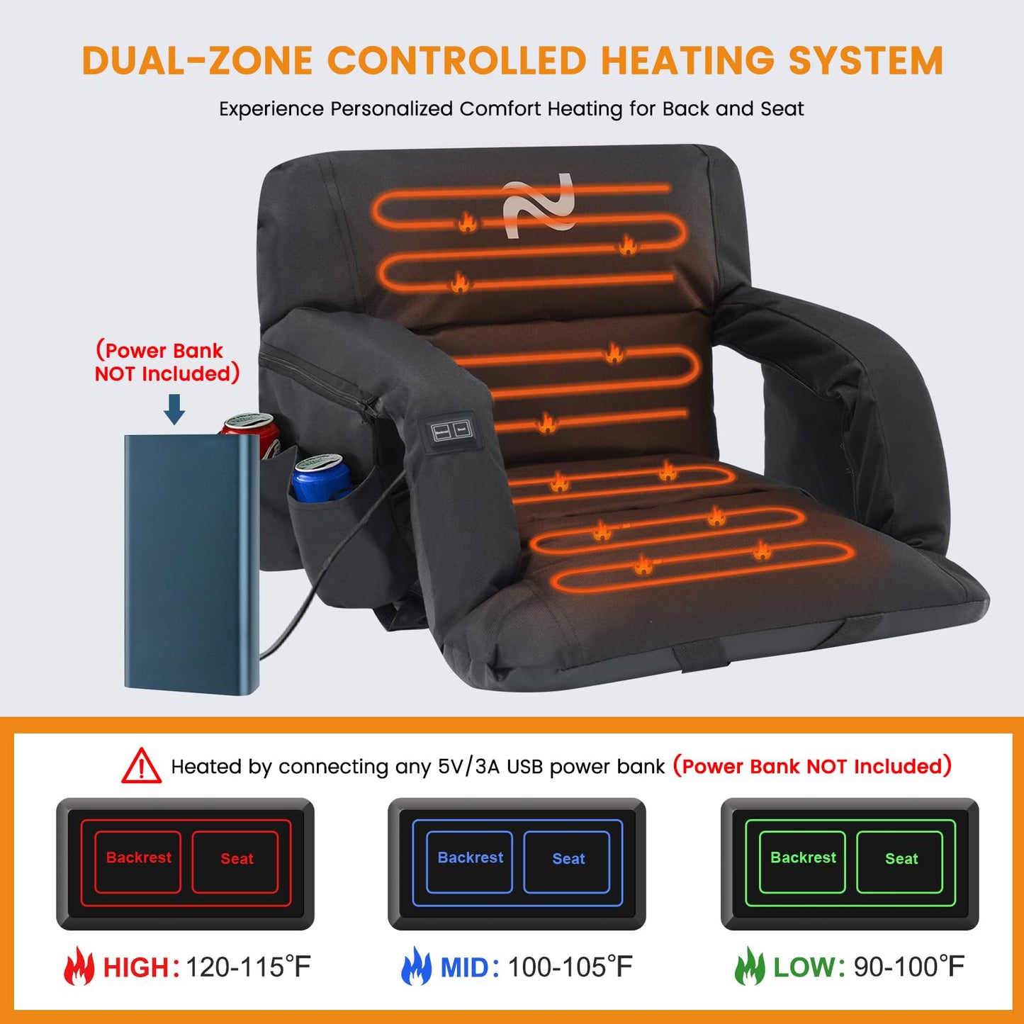 LILYPELLE Double Heated Stadium Seat Bleacher Seat with Back & Arm Support, Portable 6 Reclinng Positions Stadium Seating for Bleachers, Bleacher Seats for Sports Events, Outing, Travelling, Hiking