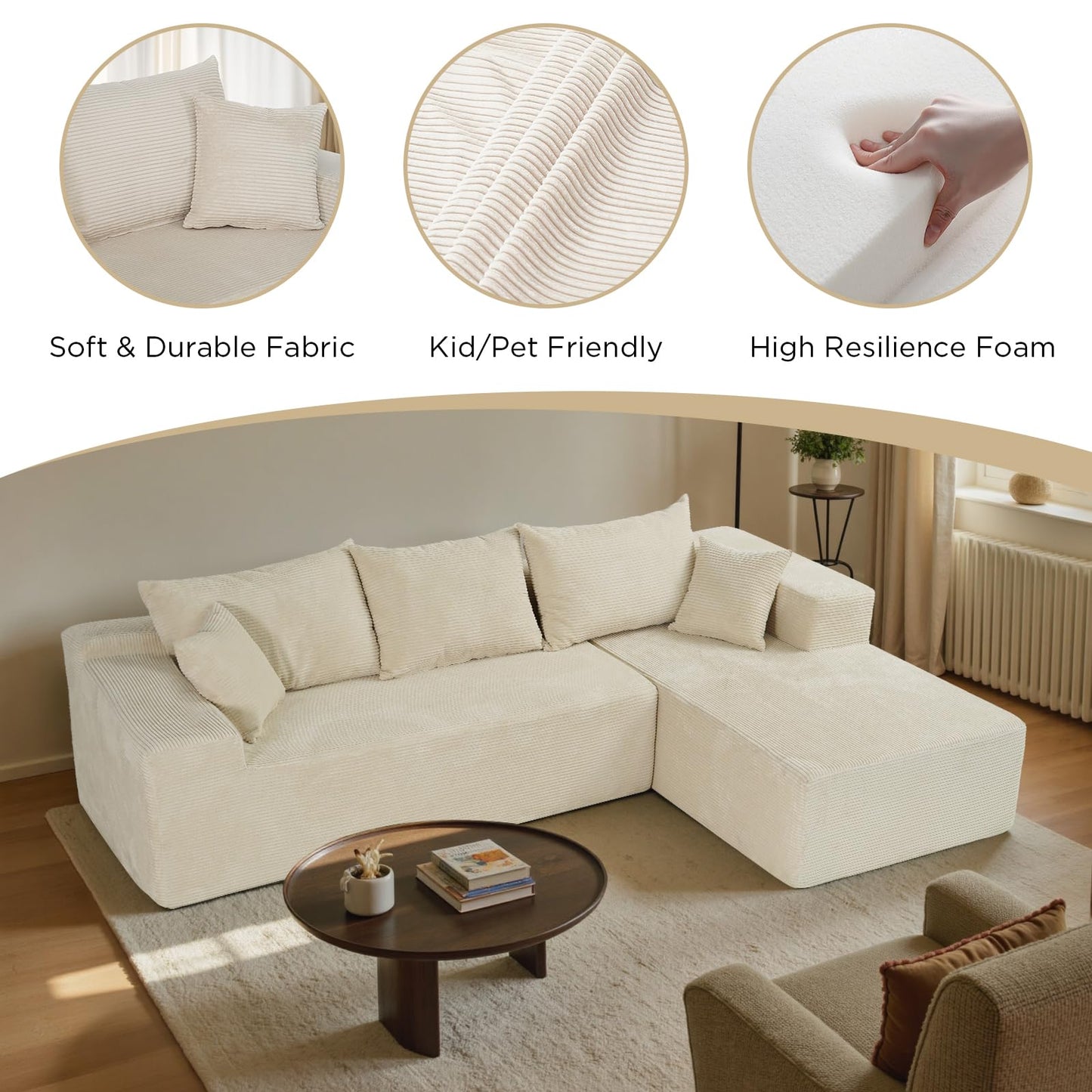 Cloud Sectional Couch with L-Shape Chaise,Modern Modular Sofa with Deep Seat, Upholstered Couches for Living Room Bedroom,No Assembly Required, Beige (Right Facing Chaise)