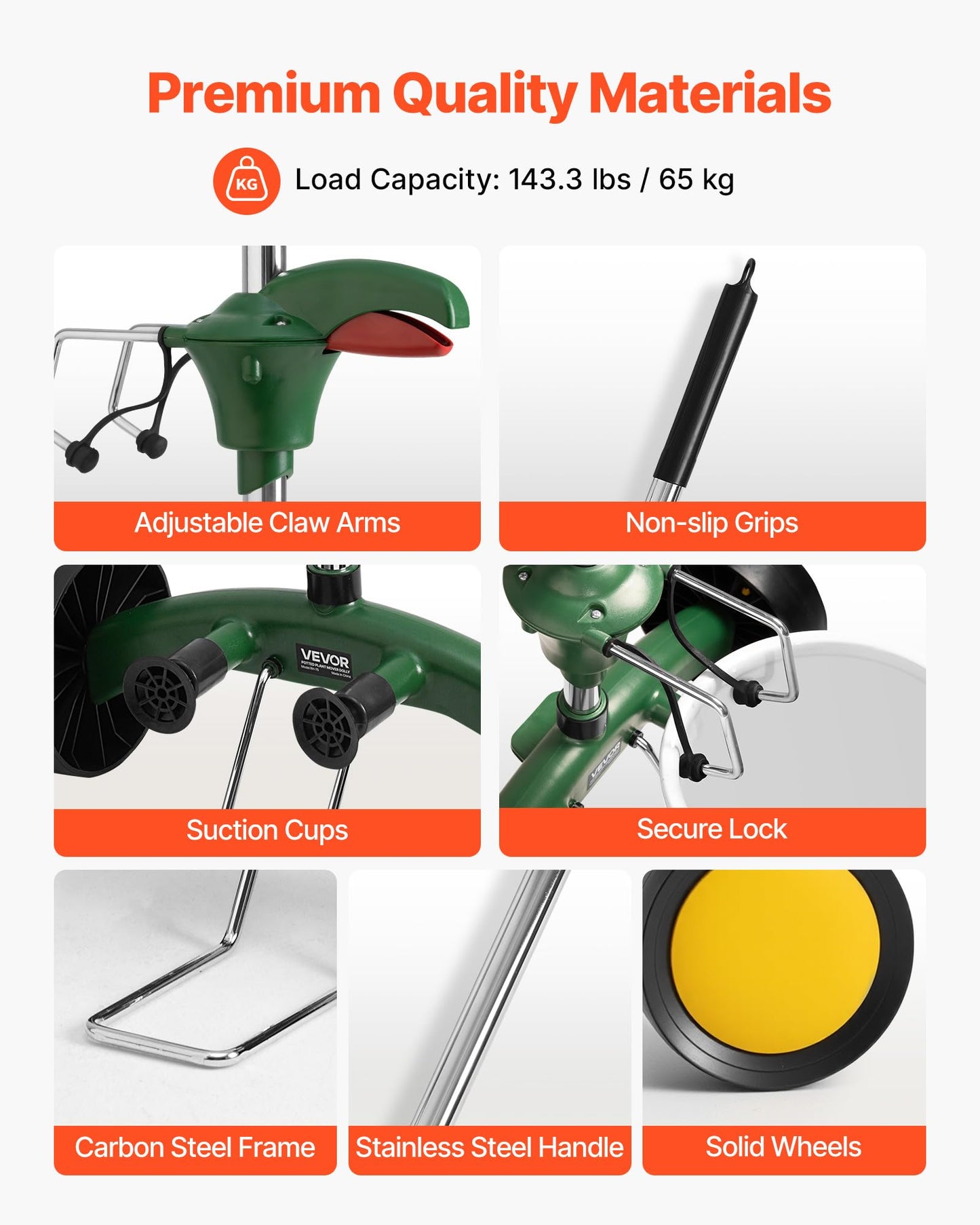 VEVOR Garden Pot Mover, Heavy Duty Plant Dolly Cart with Adjustable Grabbing Arm, Max 143 LBS Weight Capacity, Potted Plant Mover Dolly with Suction Cup and Secure Lock, Fits for Indoor & Outdoor Use