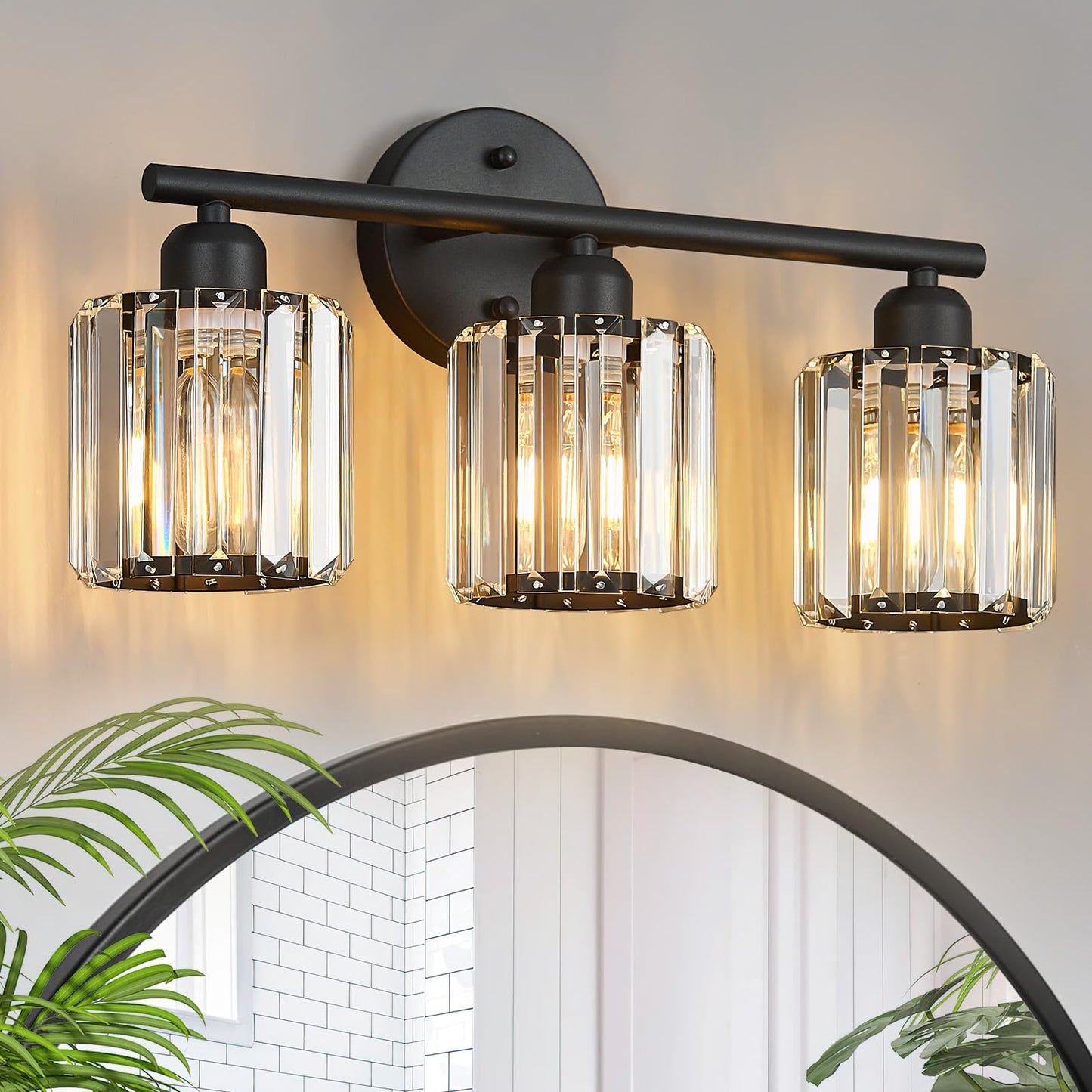 FDPBY Modern 3 Light Crystal Vanity Light, Black Vertical Bathroom Light Fixture Over Mirror for Dressing Table Sink, Compatible with Dimmable Bulbs (Bulbs Not Included)