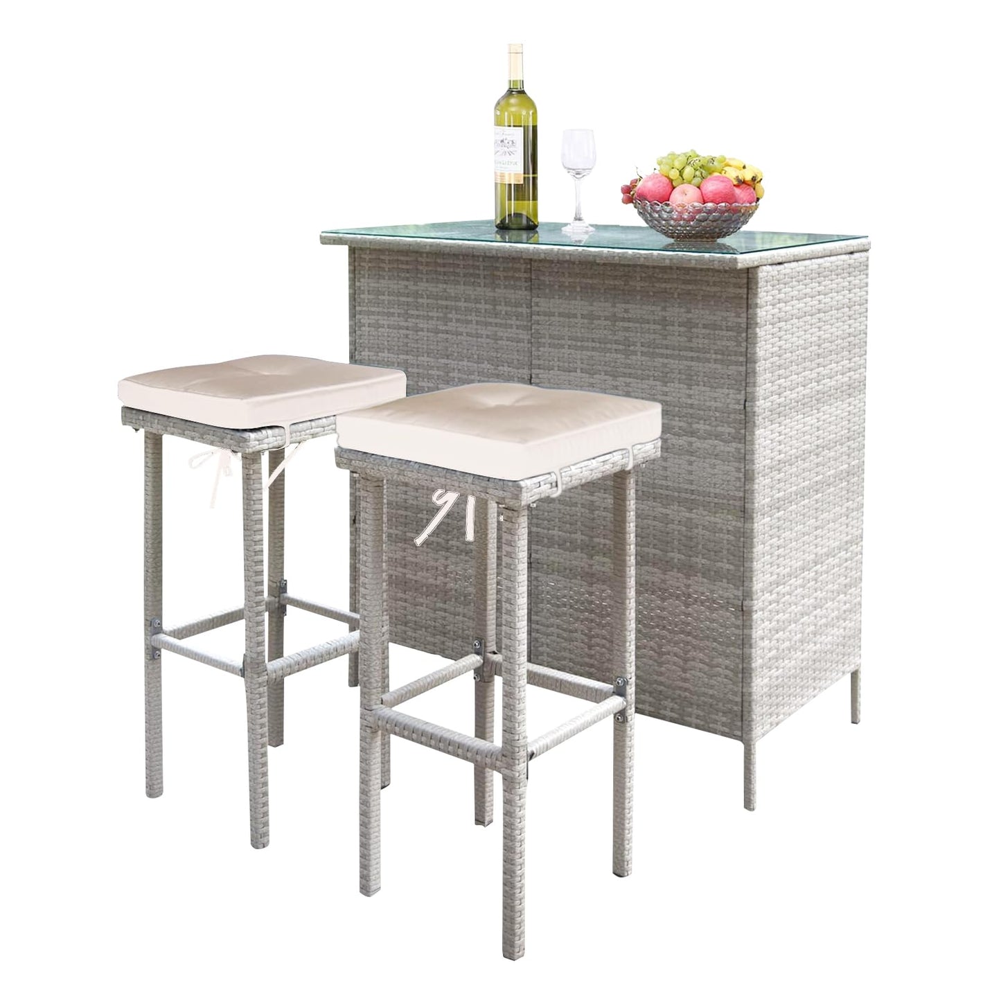 Rtbackyards 3Pcs Outdoor Bar Set, Patio Wicker Bar Furniture with 2 Storage Shelves, Glass Top Table, 2 Stools with Cushions for Patios, Backyards, Porches, Gardens, Lawn or Poolside