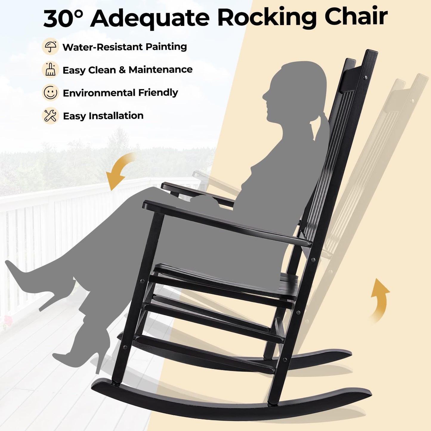 MAMIZO Outdoor Rocking Chair Set 3-Piece, Rocking Chair Patio Set of 2 with Side Table, with High Back,Indoors or Outdoor Wooden Rocker, Easy to Assemble for Porch, Patio, Garden,Lawn, Balcony