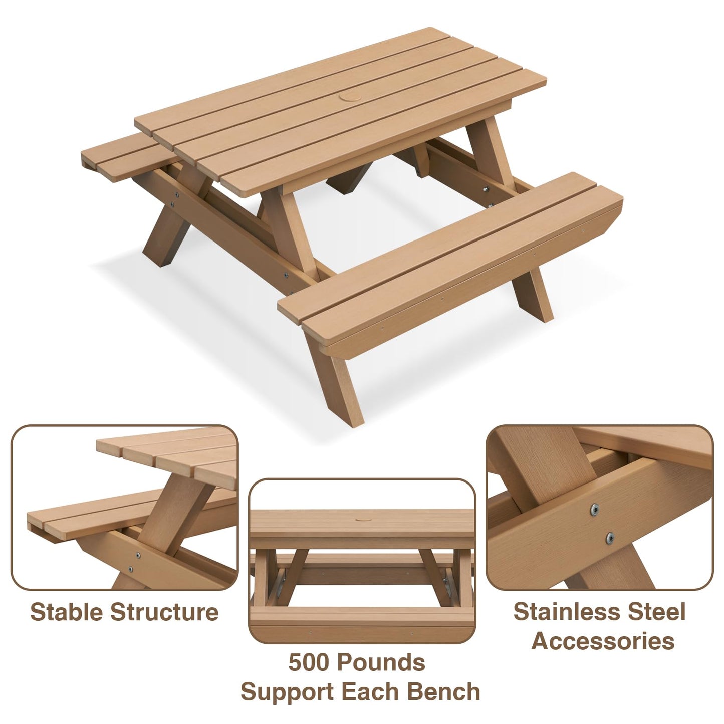 Psilvam Picnic Table - Heavy Duty Poly Lumber with Umbrella Hole & Integrated Benches, 100% Waterproof All-Weather for Patio, Garden (Teak Color)