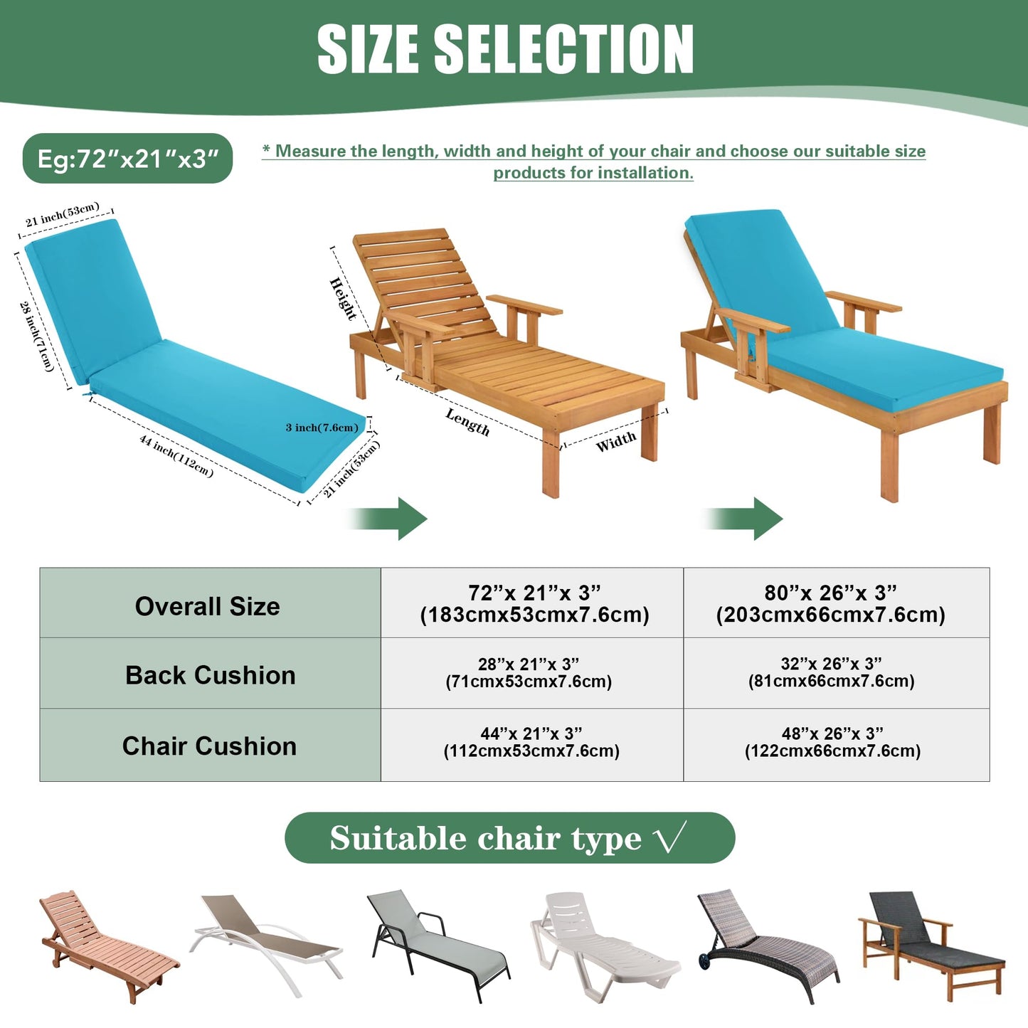 Summsun Chaise Lounge Cushions Outdoor Set of 2 - Waterproof and Fade Resistant Sun Lounger Replacement Cushions - Patio Lounger Pads with Removable Cover for Pool, Deck, Lawn, 72 x 21 x 3 Inch, Teal