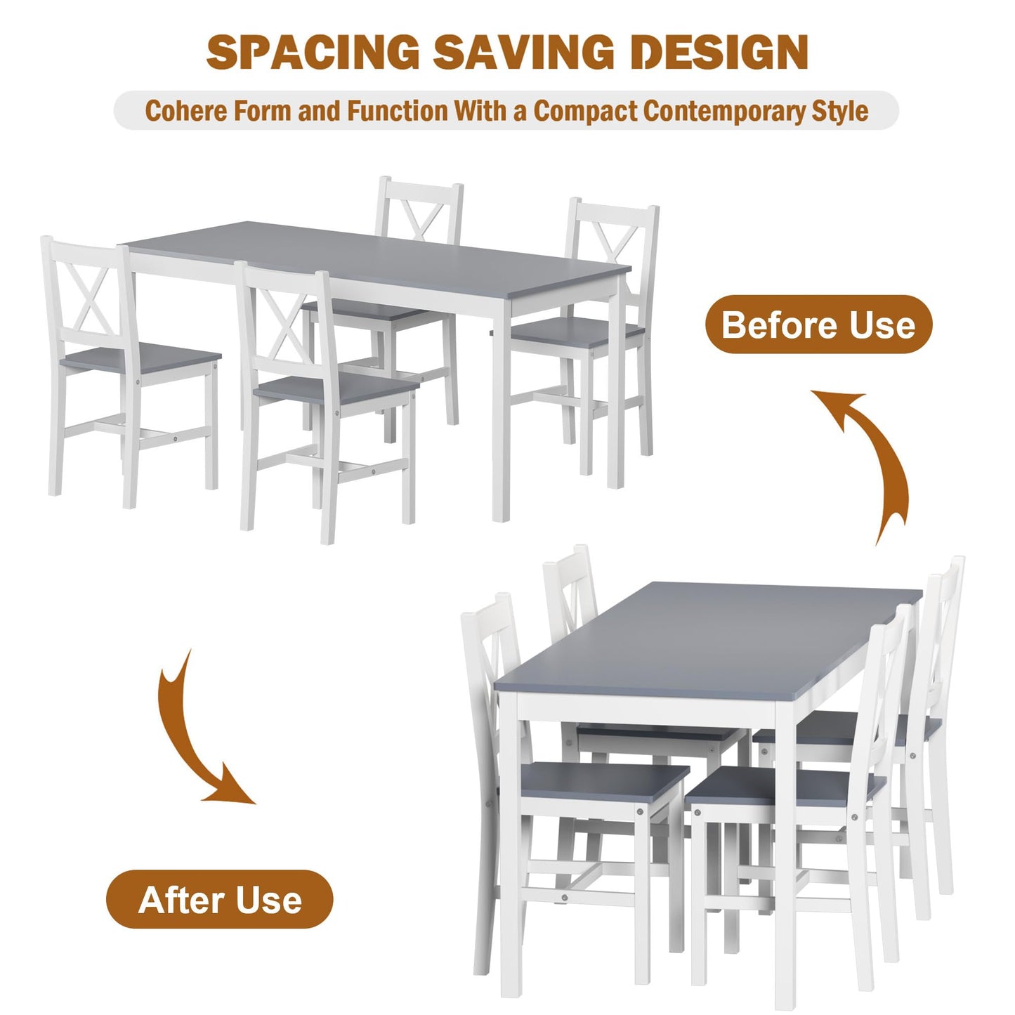 soges 5 Pieces Dining Table Set, Pine Wood Kitchen Table with 4 Chairs, 47.2 inch Table Set for 4, Rectangular Dining Table Furniture Set for Kitchen, Dining Room, Dinette, White Grey
