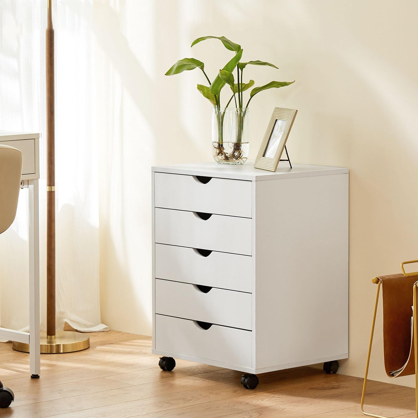 Whitmor 5-Drawer Wood Dresser with Wheels, Mobile Storage Cabinet for Home Office, Small Rolling Chest Organizer for Bedroom, Closet, Under Desk or Room Organization, White
